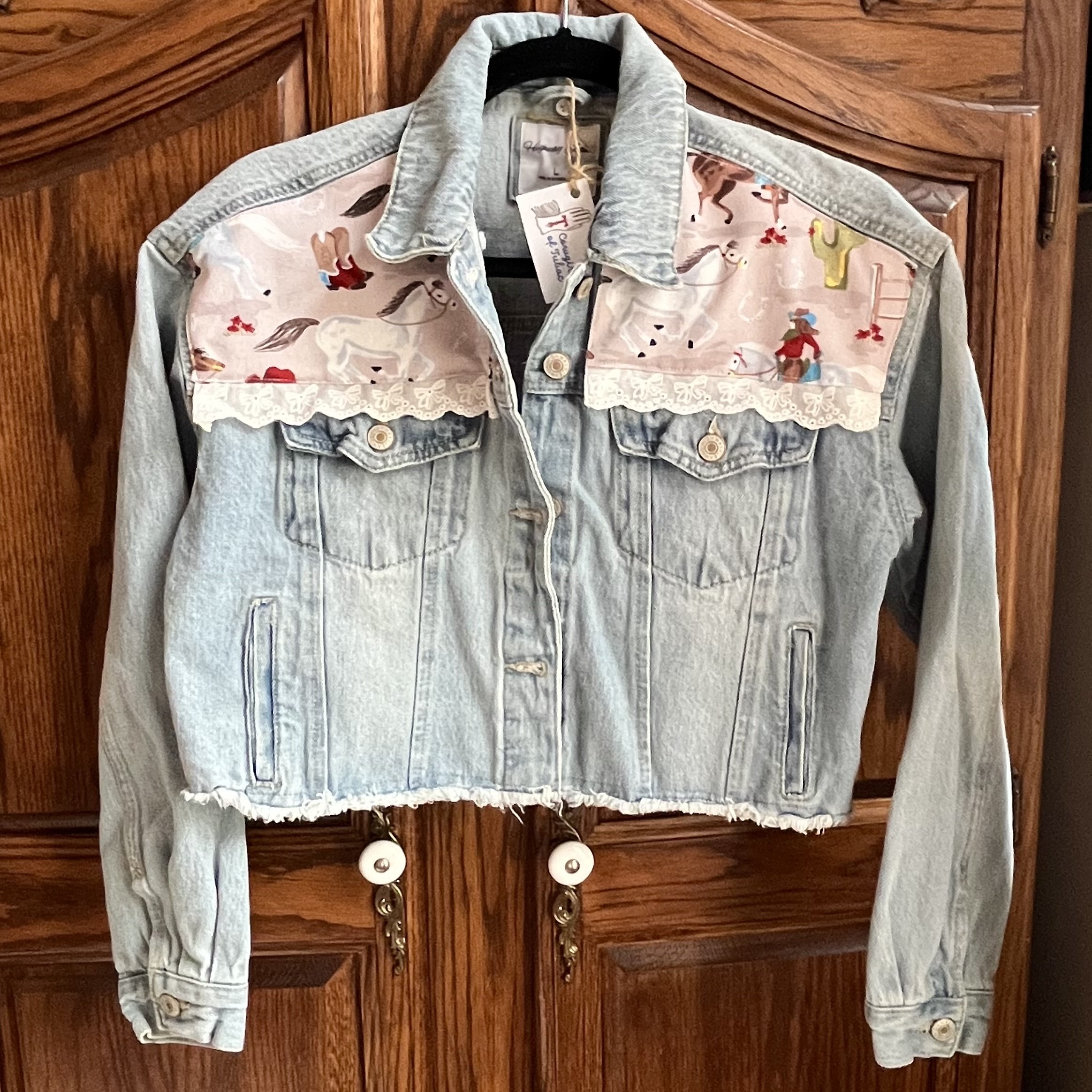  upcycled short cropped jacket with lace size L $45 