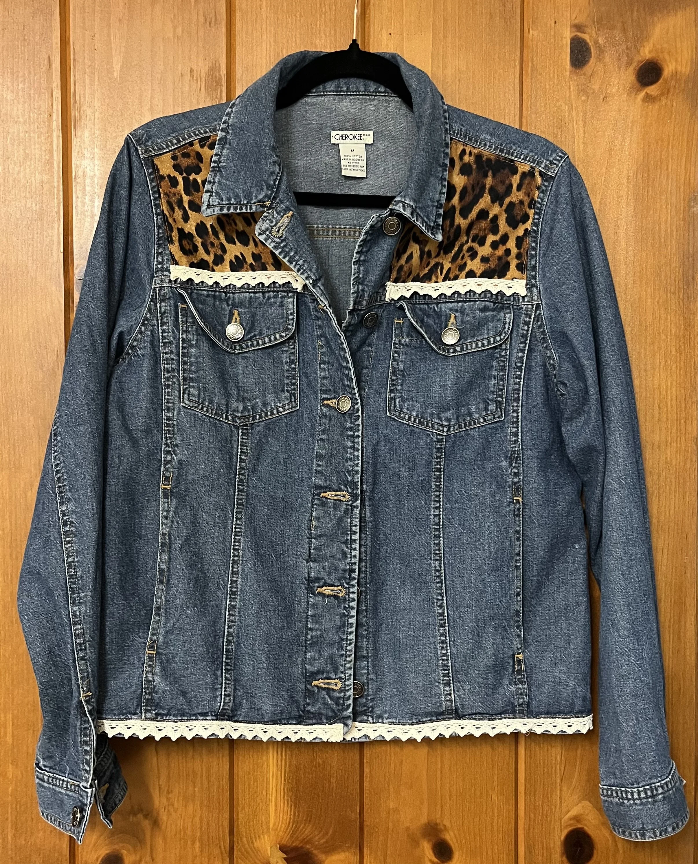  upcycled Leopard &amp; Lace Denim Jacket size L $45 