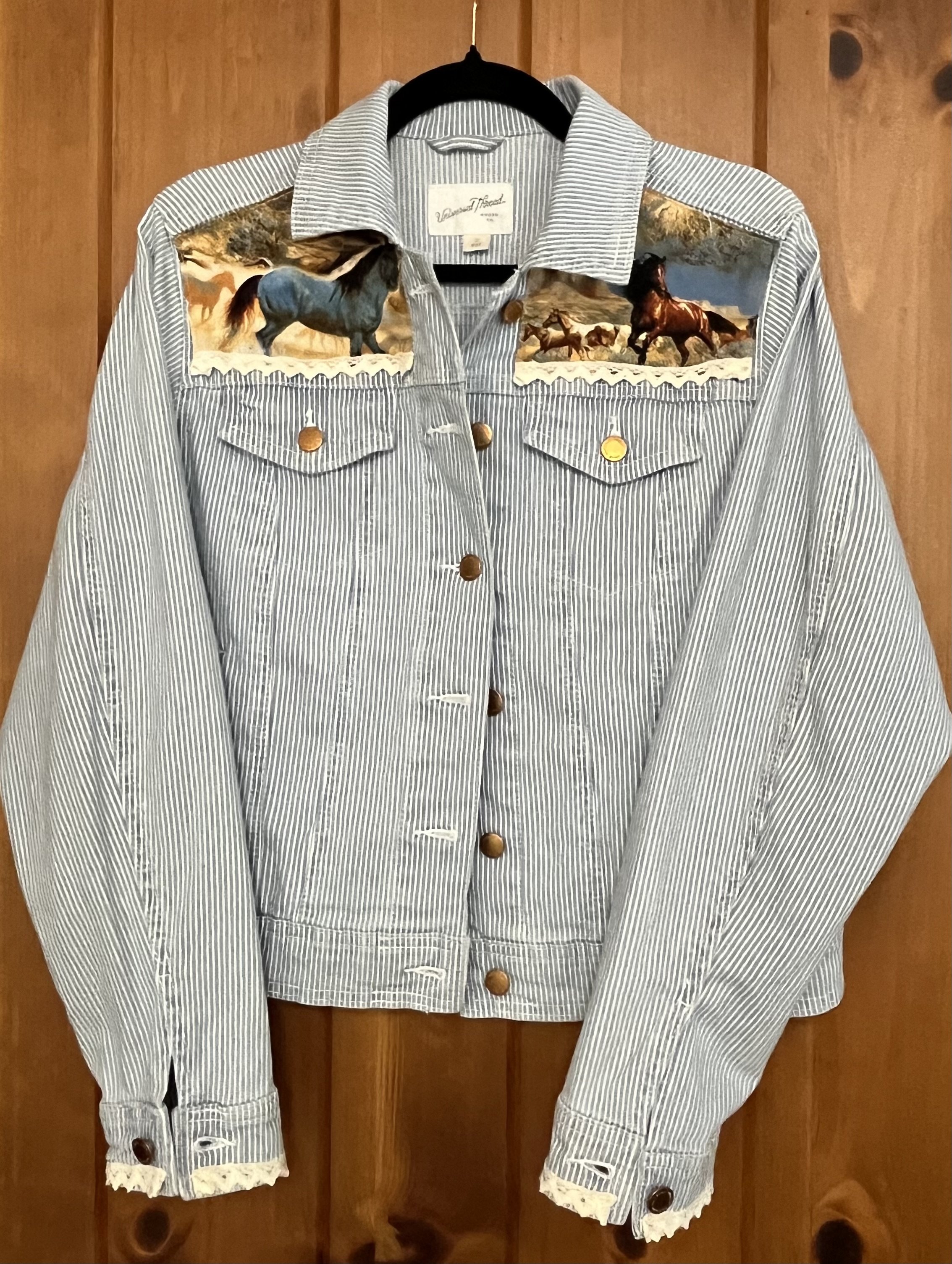  upcycled Striped Denim Jacket with Blue Roan  size XL  $45 