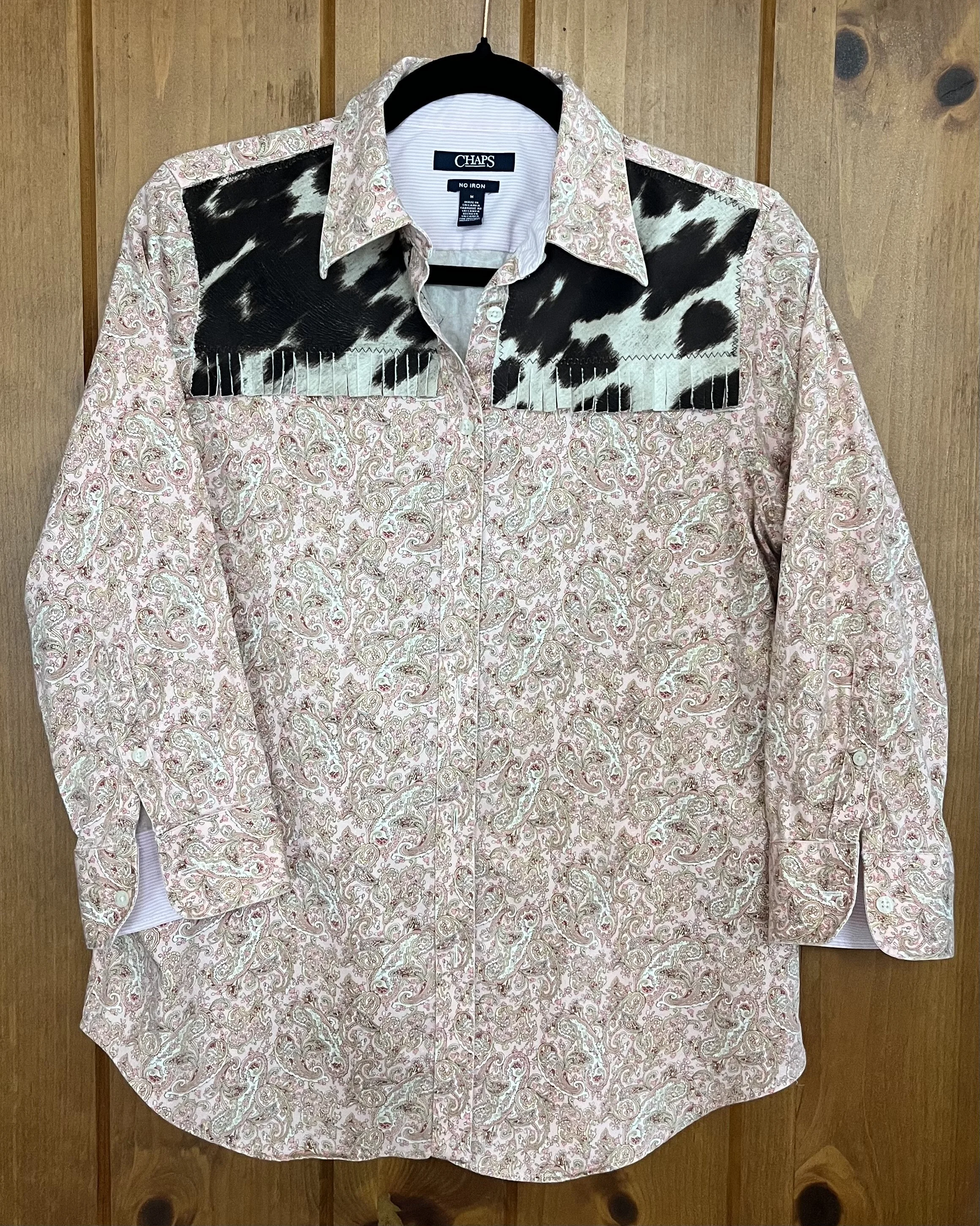  upcycled Chaps Paisley Shirt w Cowhide size M $30 
