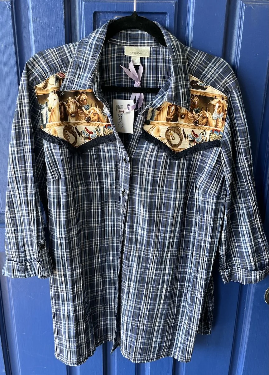  upcycled Plaid Shirt w Fringe size XL  $30 