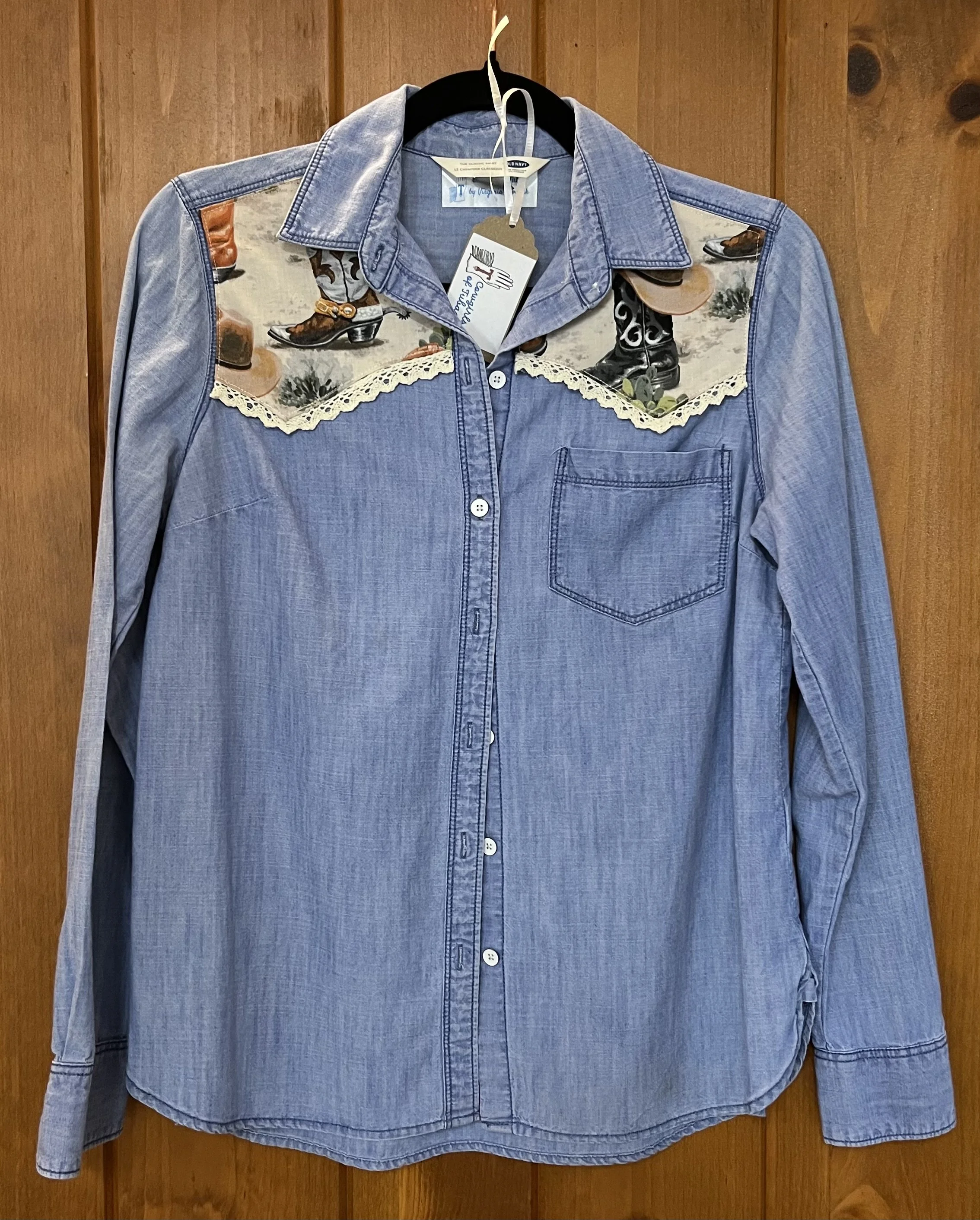  upcycled denim with boots and lace size S  $30 