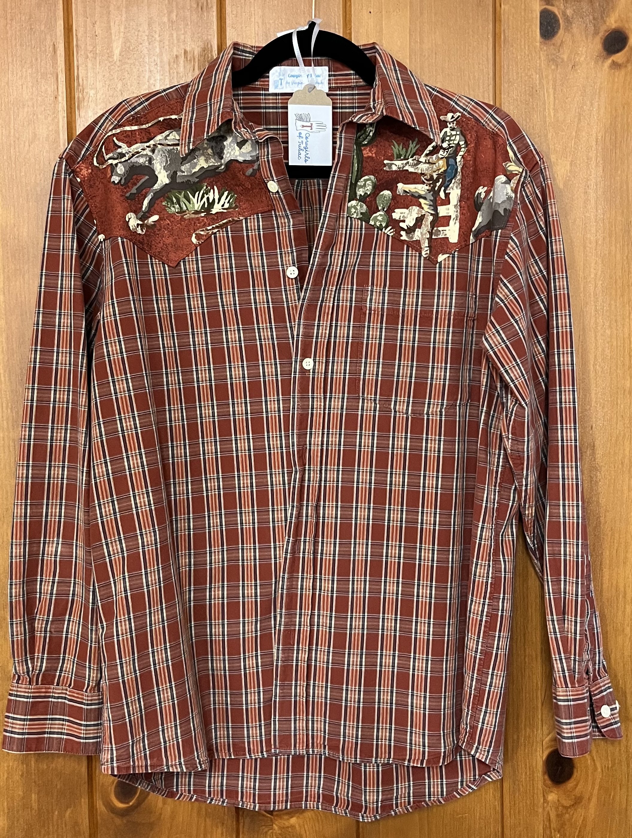  upcycled mens rust plaid shirt w roper motif size XL  $30 