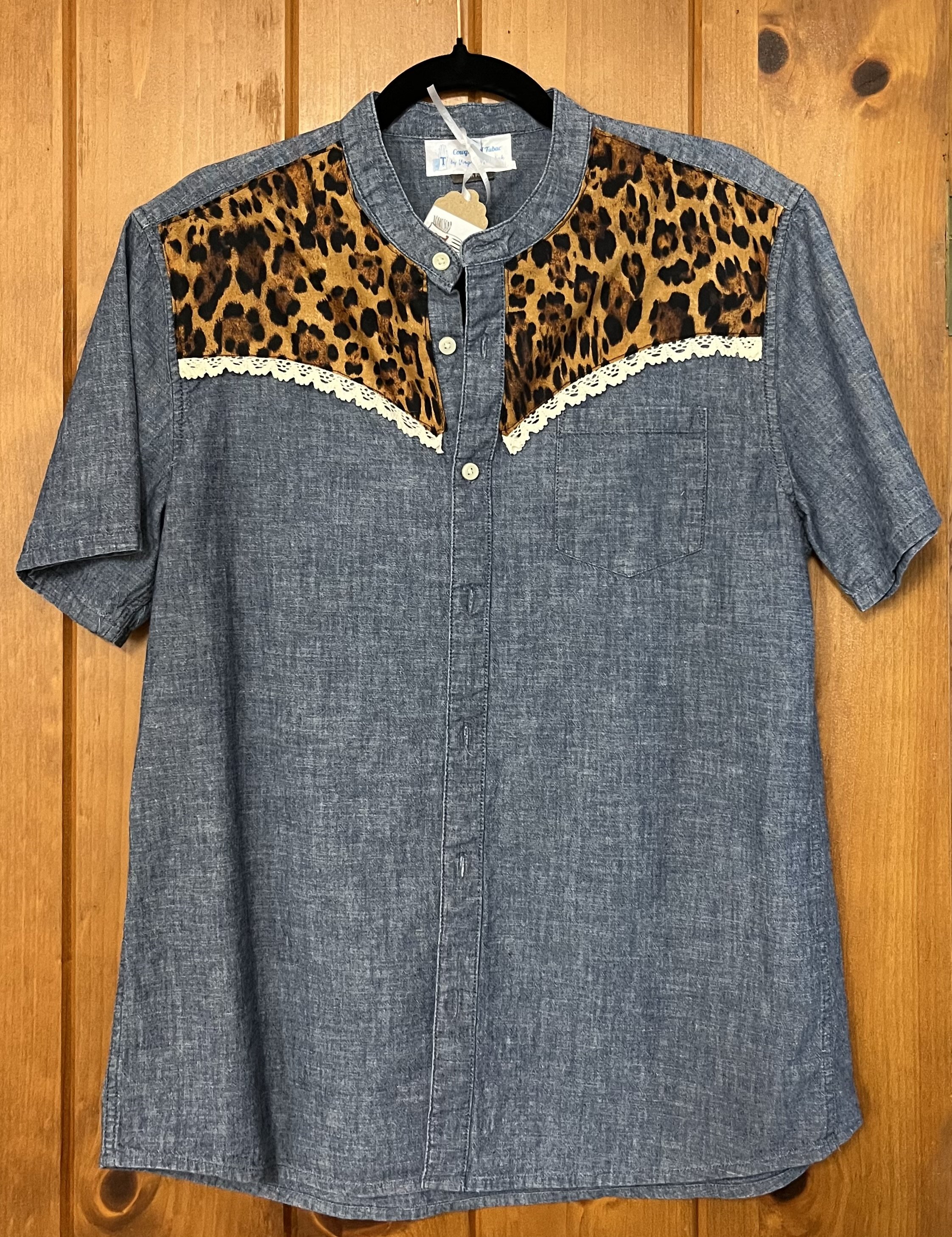  upcycled short sleeved top with leopard and lace size XL  $30 