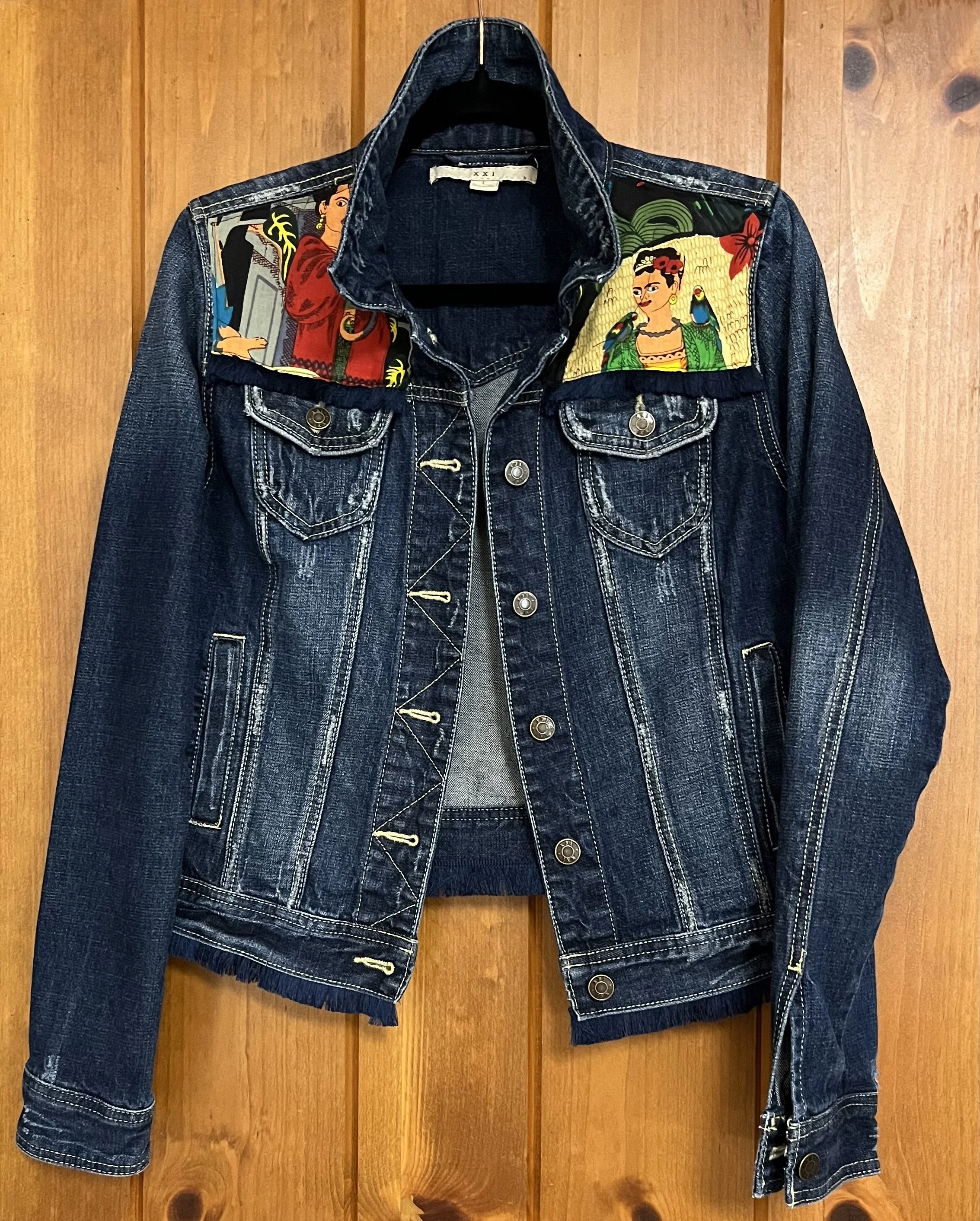  upcycled distressed Frida jacket w fringe size M  $45 