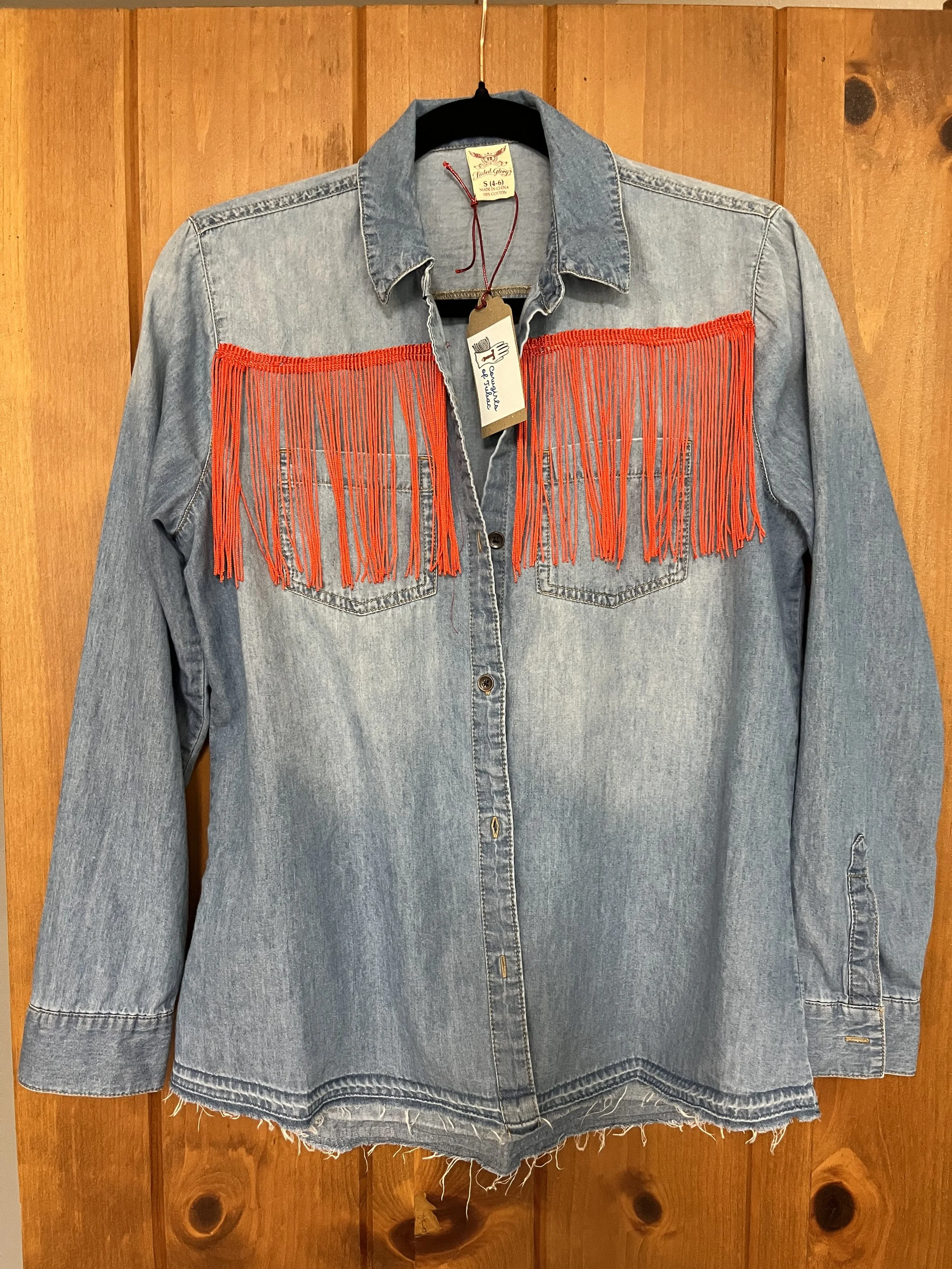  upcycled cowgirl denim shirt with red fringe s. SM 
