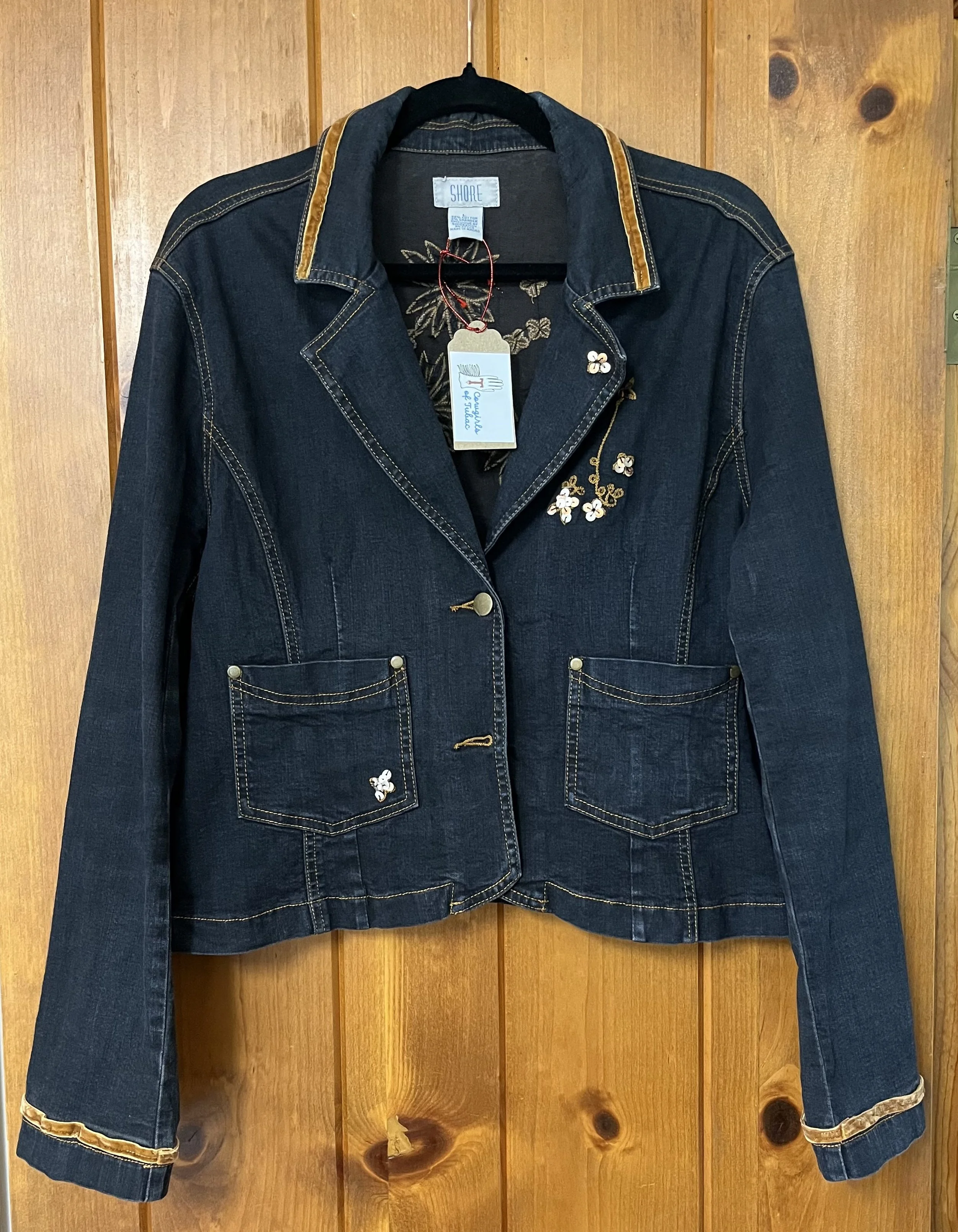  upcycled ladies denim jacket w gold trim s. LG 