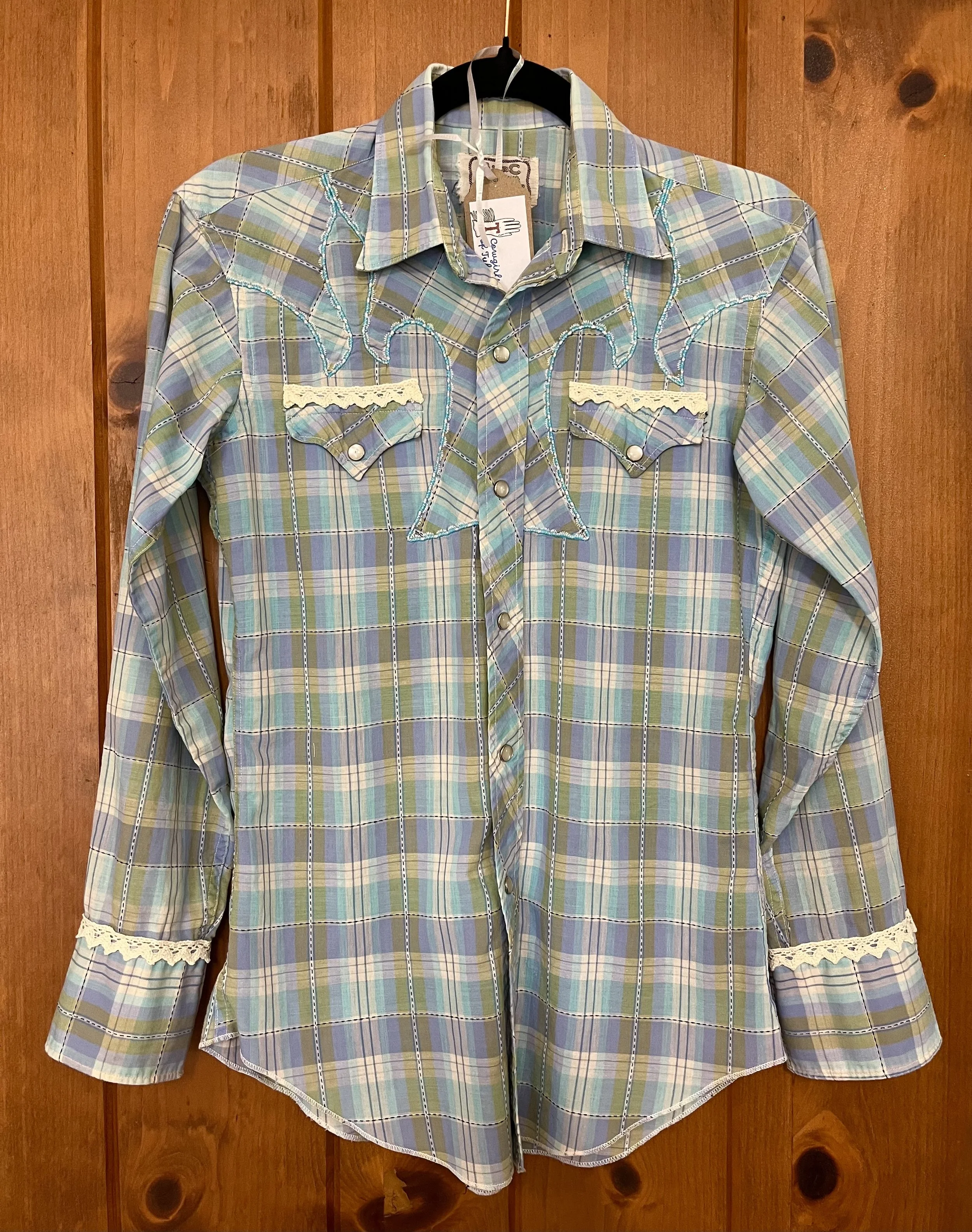  Vintage cowgirl shirt with fringe, turquoise size S 