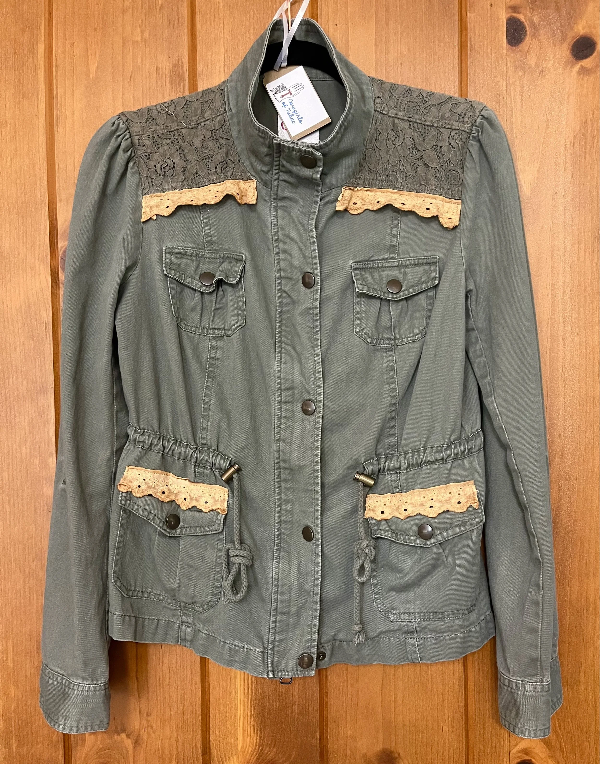  Upcycled olive green jacket with lace, size M   $45 