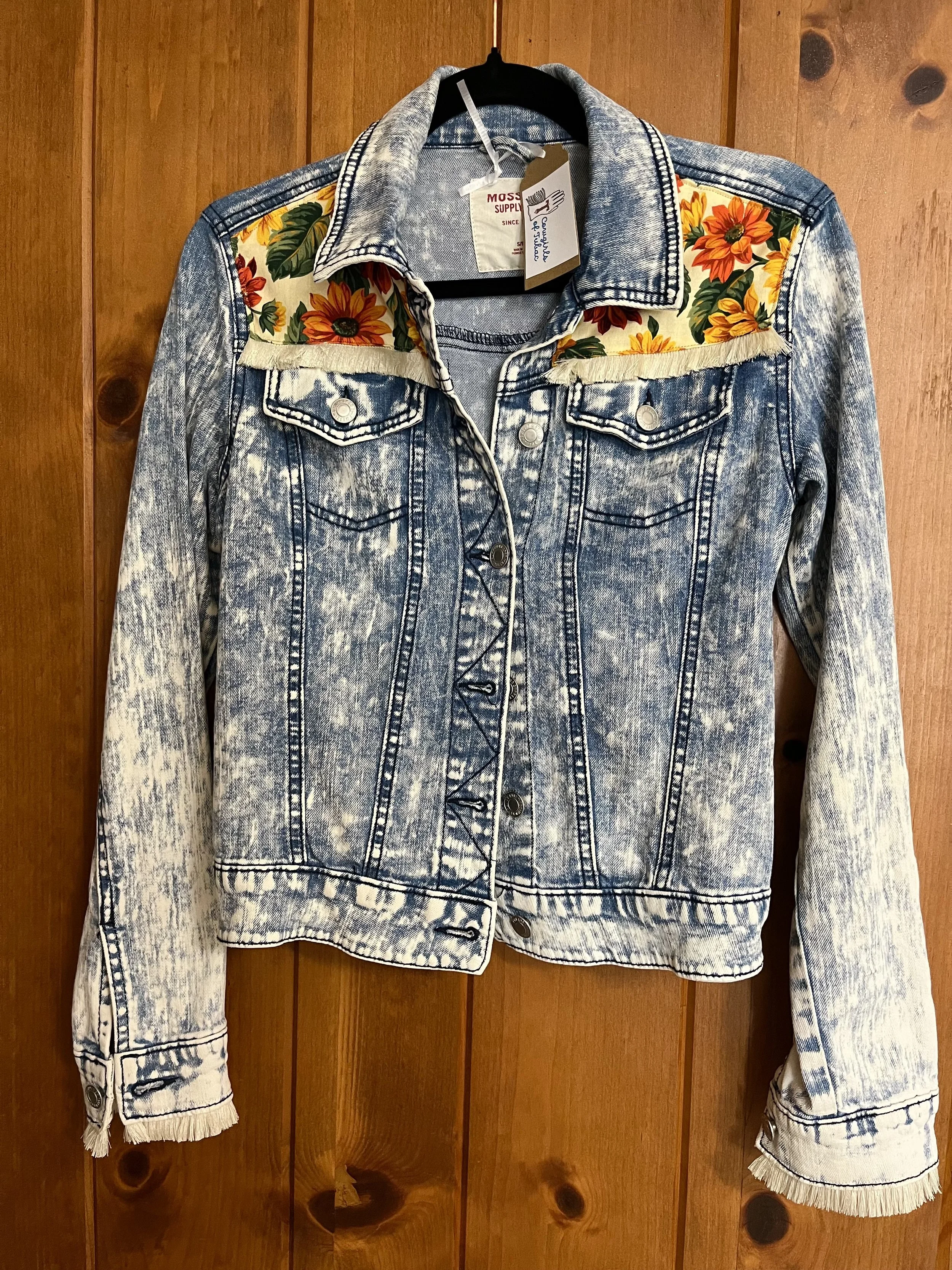  Upcycled distressed denim jacket with fall color detail size S  $45 