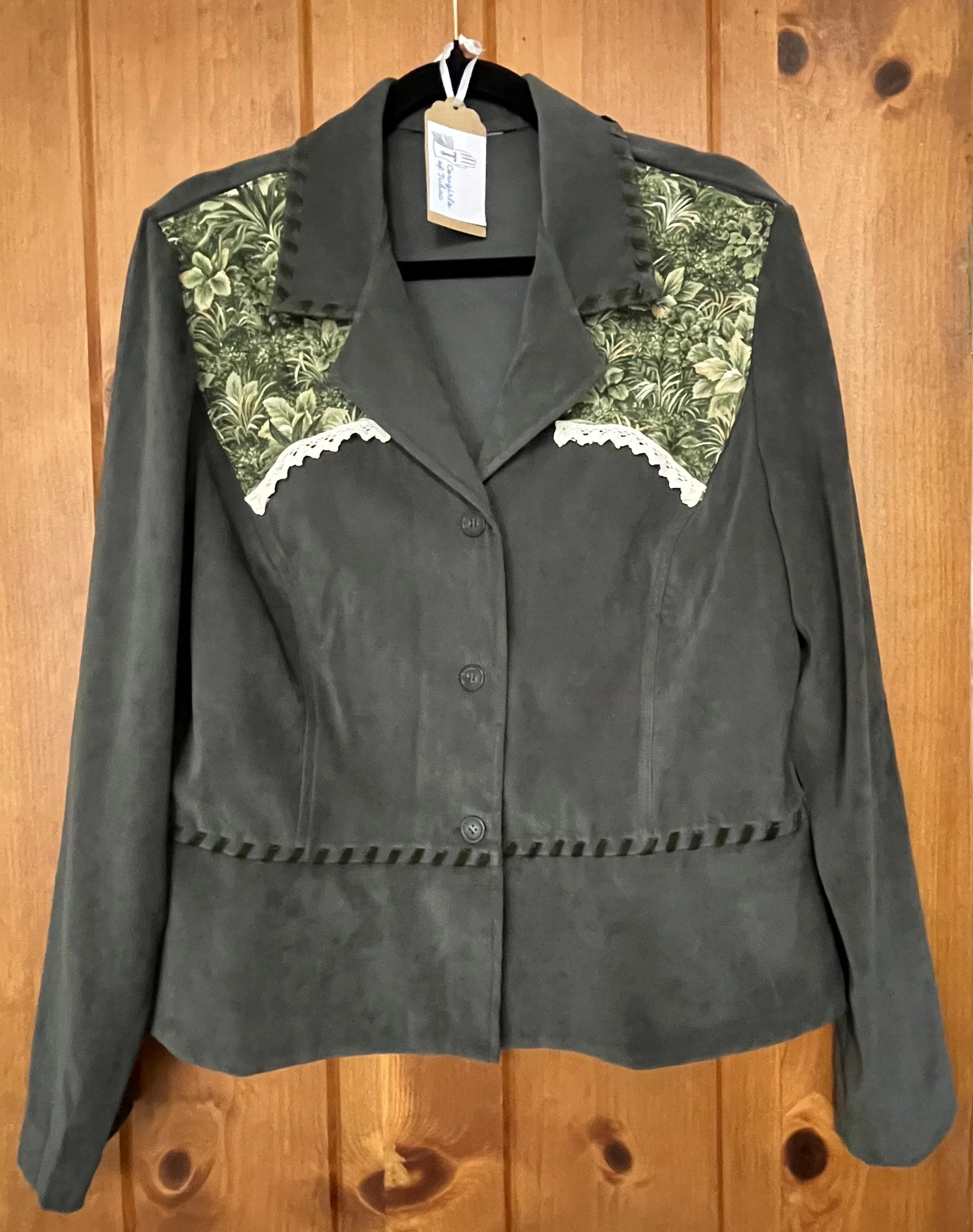  Upcycled vintage olive green jacket with lace trim  size L/XL  445 