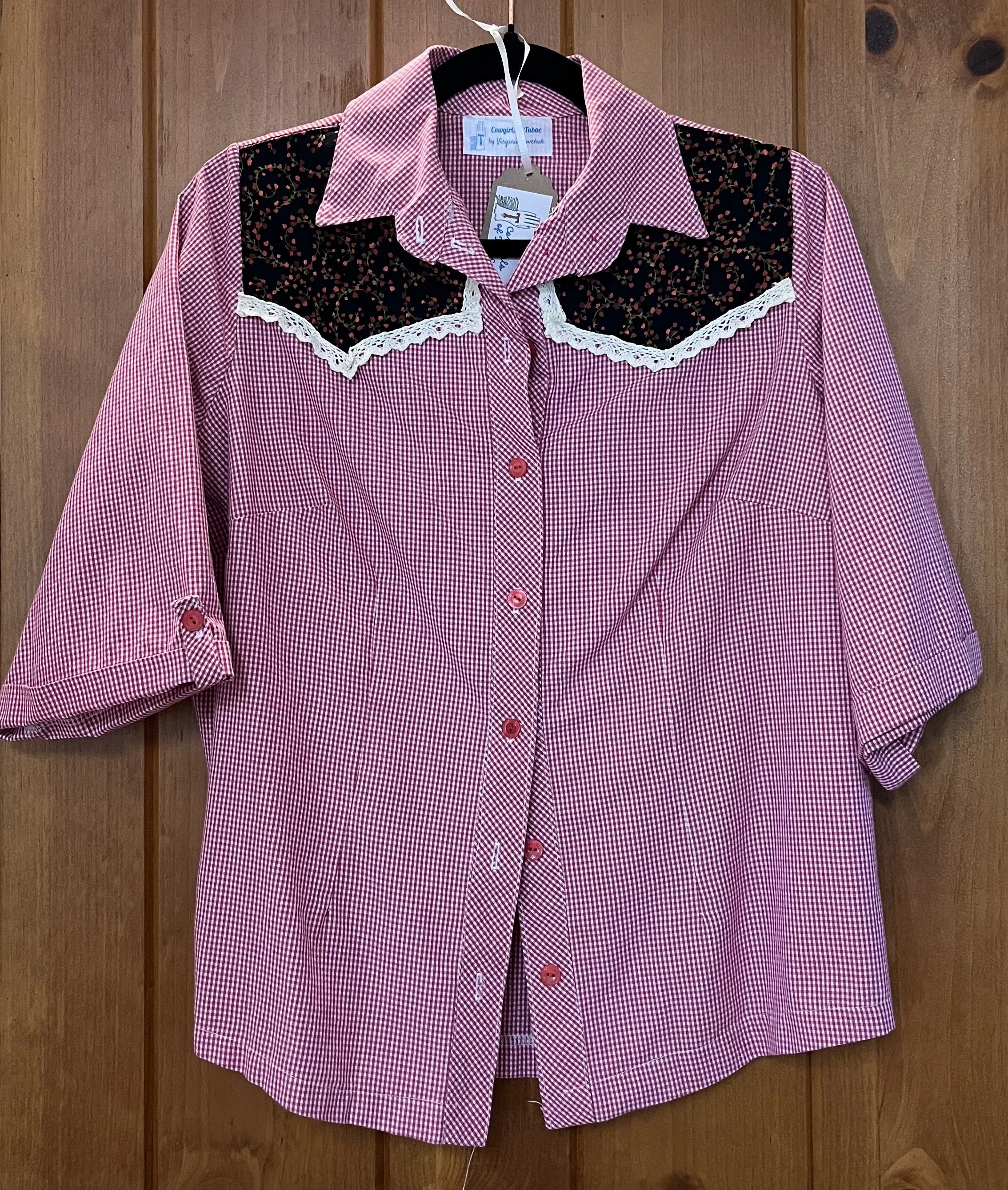  Red Check shirt with lace  size L   $30   SOLD 