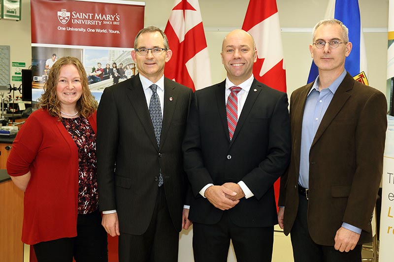 Dr. Christa Brosseau, Associate Professor, Department of Chemistry; Dr. Robert Summerby-Murray, Saint Mary’s University President; Andy Filmore, Member of Parliament for Halifax; Dr. Todd Ventura, Associate Professor, Department of Geology
