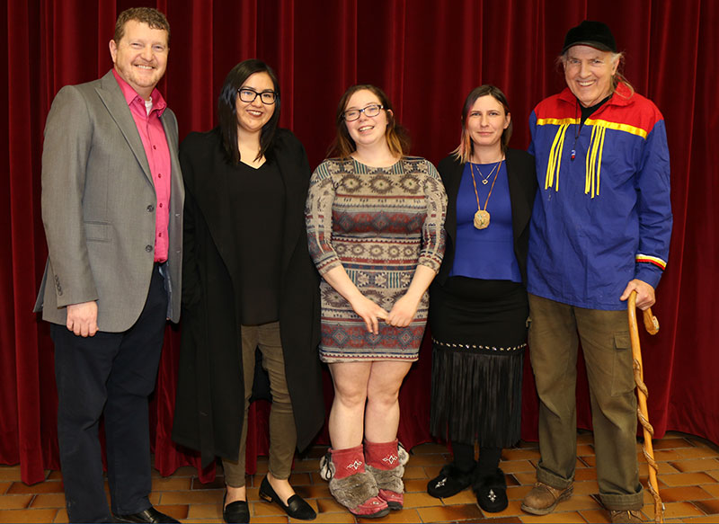 Student Services Senior Director Tom Brophy; Indigenous Students Society Treasurer, Jody Paul, and Co-President, Elora Gehue; Society member Salina Kemp and Elder Billy Lewis.