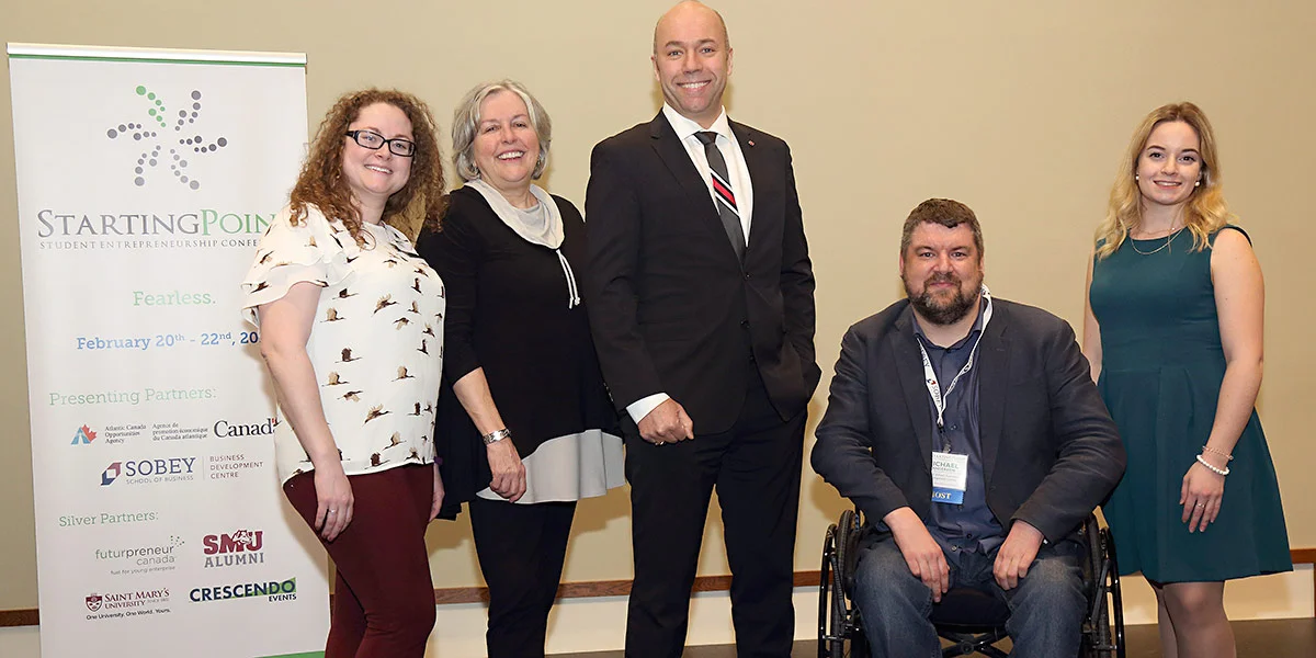 Pictured here are (l-r): event organizer Kaitlyn Touesnard; Dr. Patricia Bradshaw, Dean, Sobey School of Business; Andy Fillmore, Member of Parliament for Halifax; Michael Sanderson and Sarah Meany, both of the Sobey School Business Development Centre.