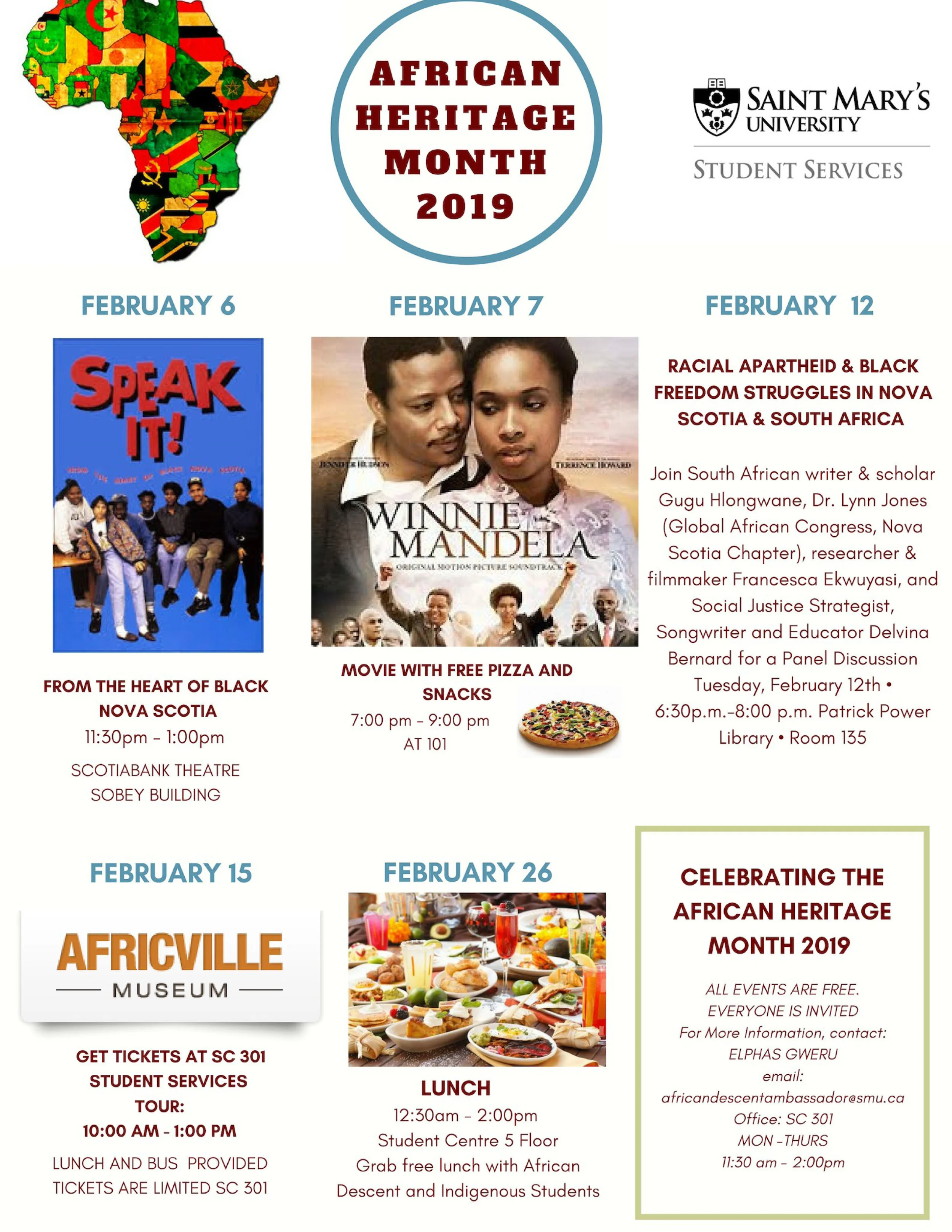 African Heritage Month events at Saint Mary’s. Click here to go to the Saint Mary’s events calendar.