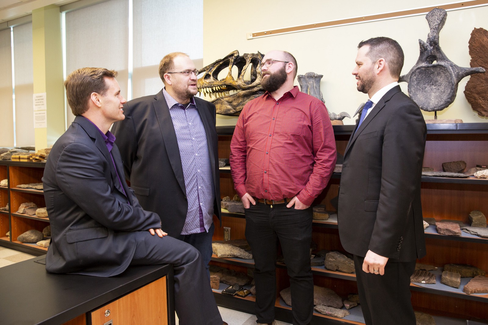 Dr. Jacob Hanley and Kevin Neyedley chat with Sean Kirby, left, executive director of the Mining Association of Nova Scotia, and Energy and Mines Minister Derek Mombourquette. (Photo: Kelly Clark/CNS)