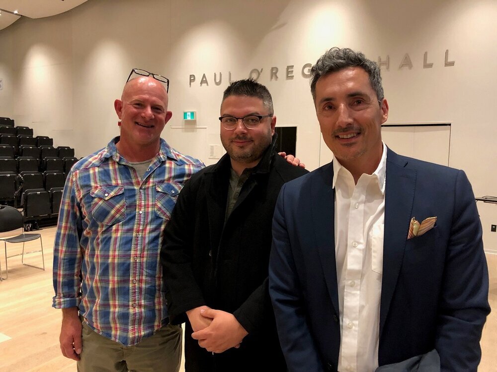  Left to right: Dr. Rylan Higgins, Chair of the Department of Anthropology; Raymond Sewell, Indigenous Student Advisor; and Artist Kent Monkman 