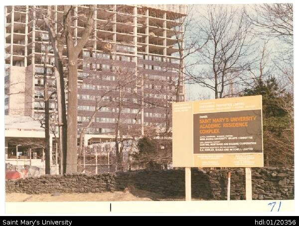  Construction of Loyola as winter is ending, photo taken from Gorsebrook Avenue near Oaks property. Sign in front of the construction partially reads: 'Saint Mary's University Academic Residence Complex' 