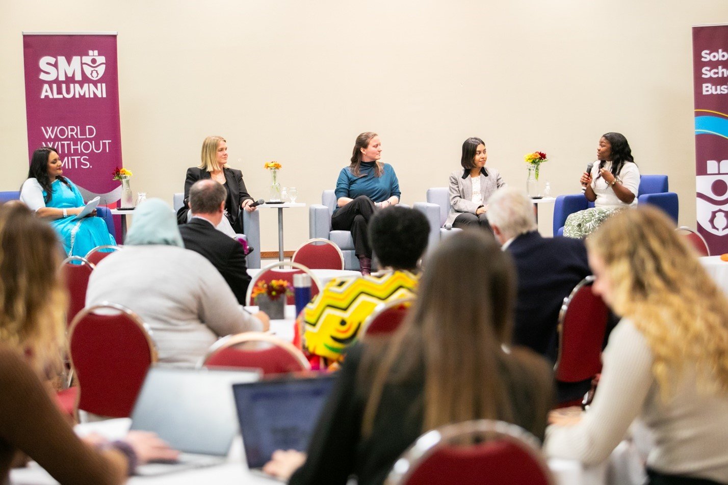  (Left to Right) Moderator AVP, Diversity Excellence, Rohini Bannerjee and panelists Marley MacDonald MA’14, Rebecca de Condé BComm’15, Sara Shabnam BComm’15, and Dr. Denise Daley discussing their personal experiences with environmental sustainabilit