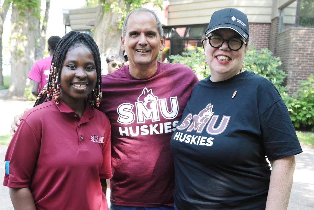  SMUSA President Augustina Tucker, SMU President Michael Khan and Provost &amp; VPAR Shannon Dea 