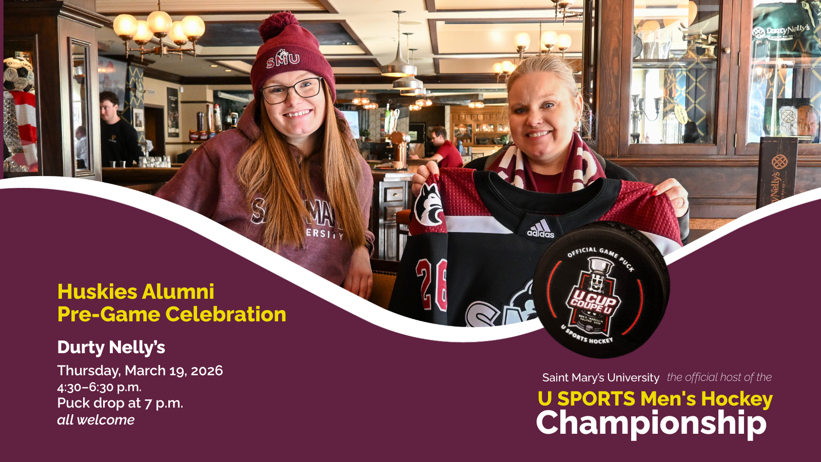 Promotional image for the event, Two women hold up a Huskies jersey.