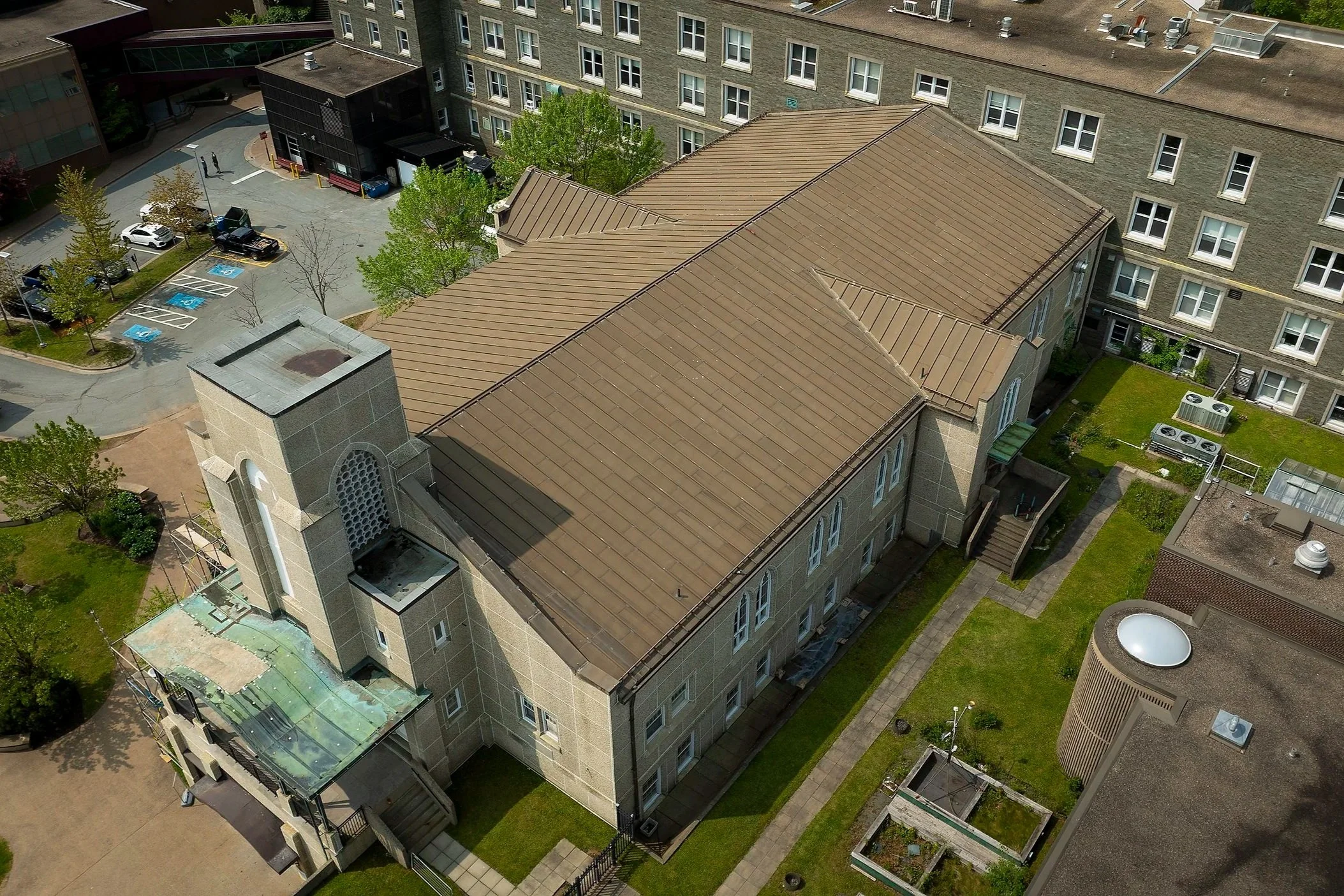 An aerial view of the roof before upgrades