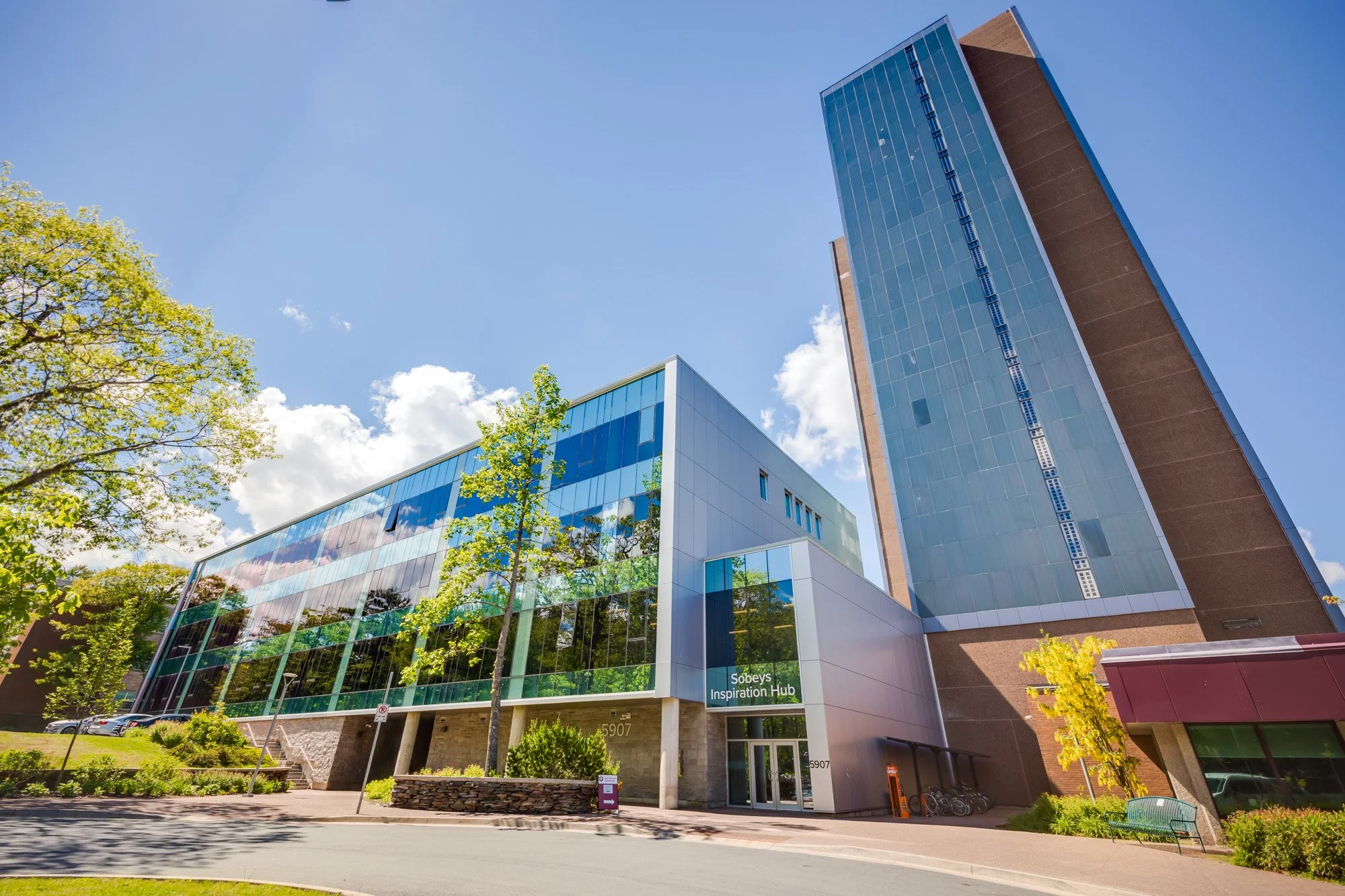 The south side of the Loyola residence tower and entrance to Sobeys Inspiration Hub
