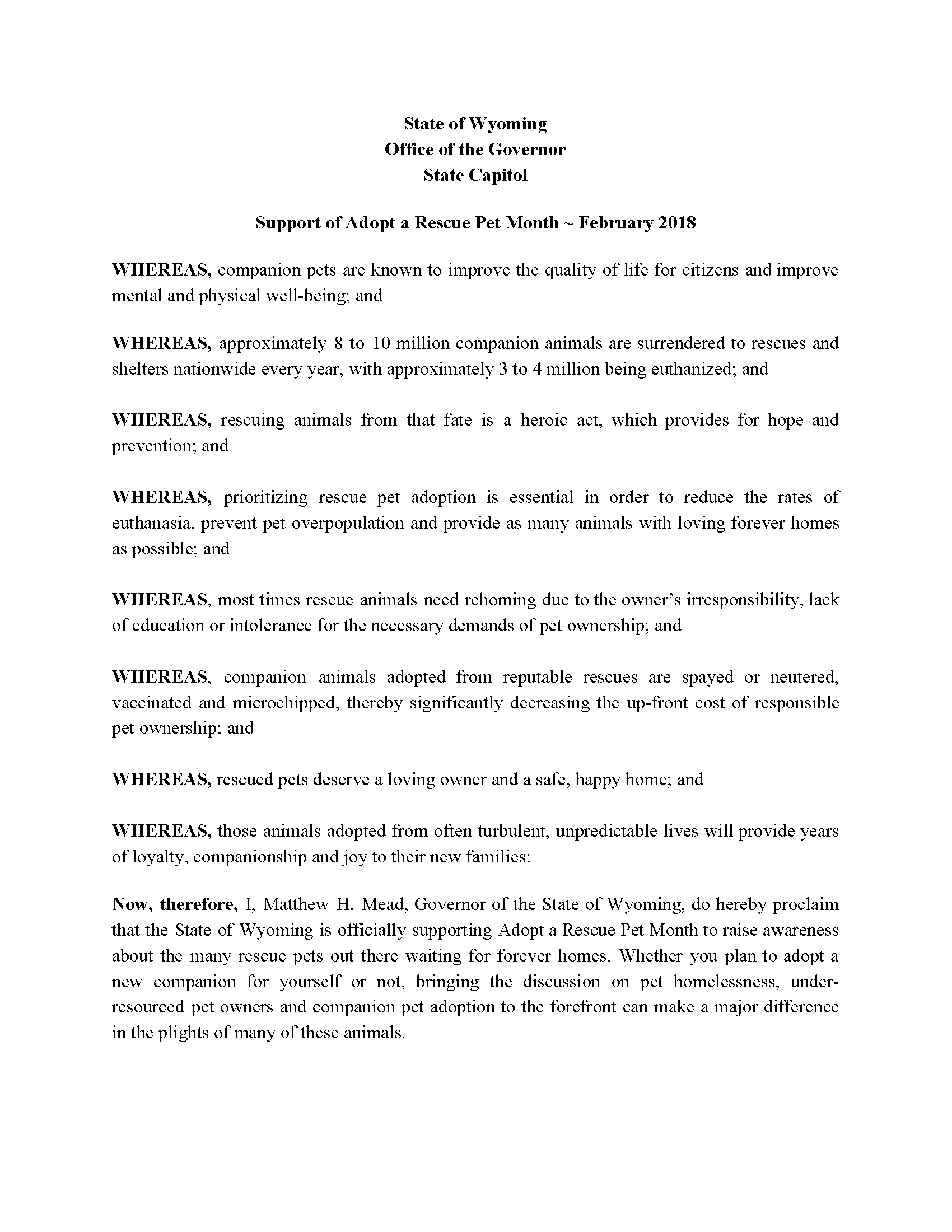 Governor Mead proclaims February "Adopt-a-Rescue Pet month"