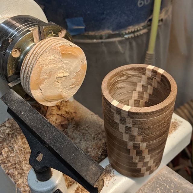 Finally made it back to my dad's shop to finish off the cup I started earlier this summer. The end grain didn't fare as well, but overall I really like how it turned out. Just need to clean up the bottom and add some finish.

#lathe #turning #woodwor