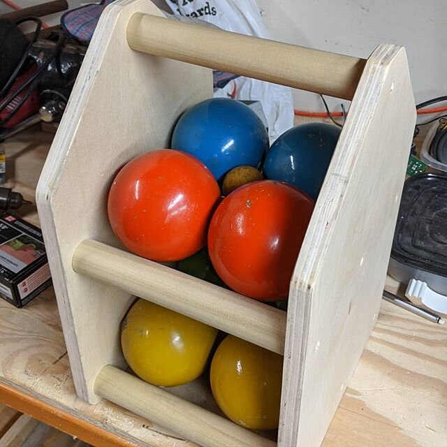 Latest quarantine organization project: Bocce Ball Carrier. The 40-year-old cardboard box wasn't cutting it anymore. Now we can easily move the set around, get whatever colors we want easily, and put them away just as easy. This should bring a tiny d