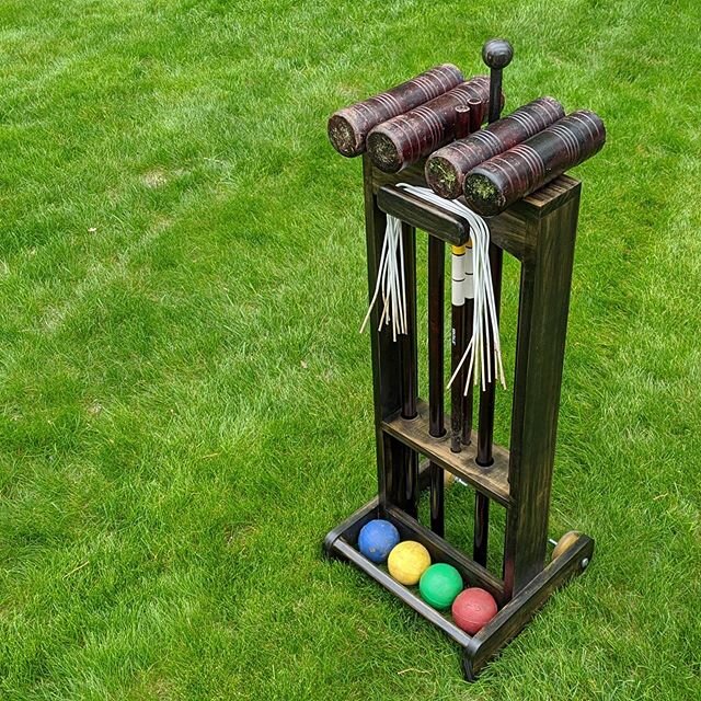 Finally built us a mobile rack for our croquet set. I've been mulling over designs and redesigns of this for way too long, really happy with how it came together, just don't look too closely at the finish. 🙂 Holds all the stuff and moves around easy