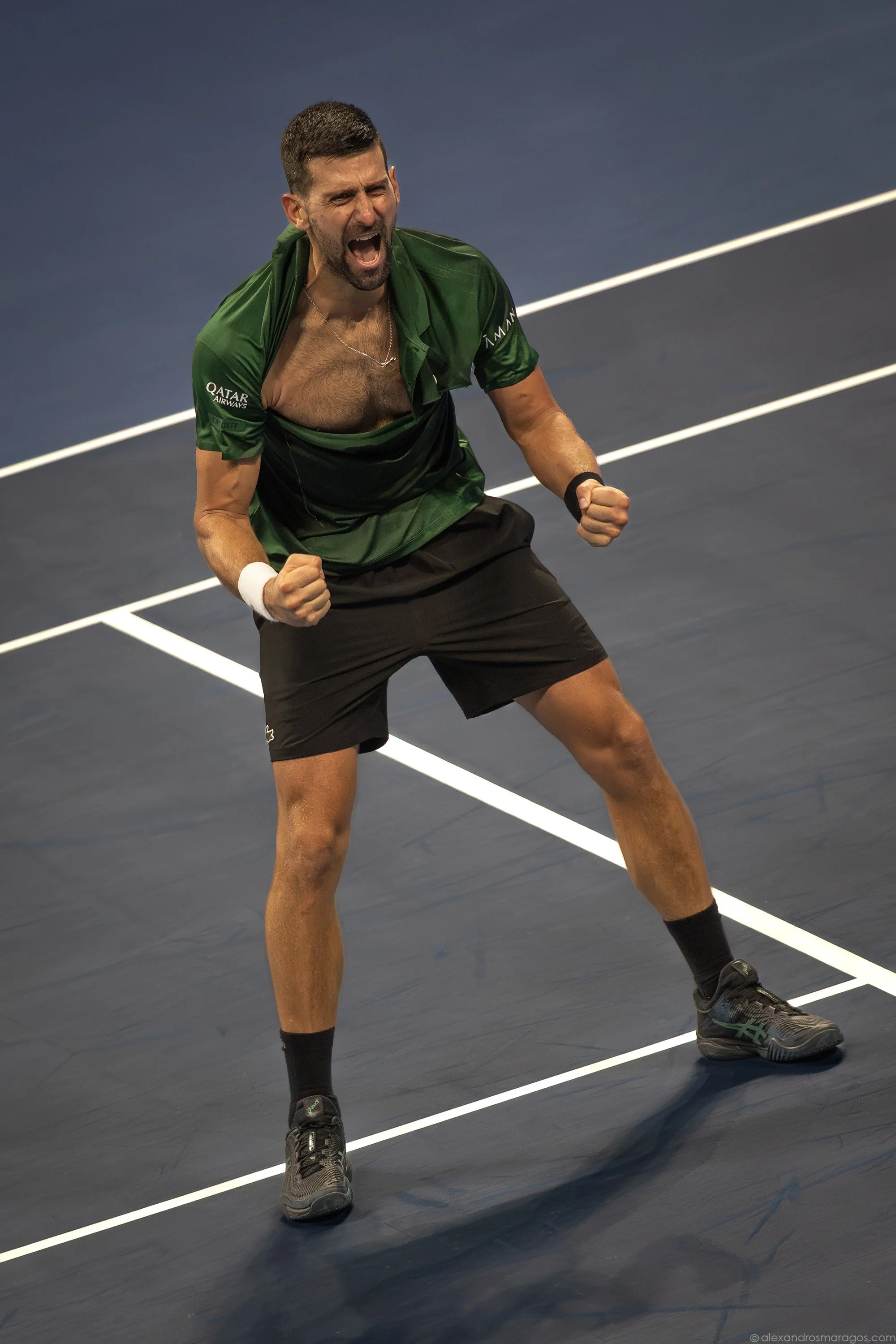 Novak Djokovic celebrates his 101st career title after ripping his shirt following his victory against Lorenzo Musetti in the Men's Singles Final of the Hellenic Championship ATP 250 at Telekom Center Athens in Greece. (Photo by Alexandros Maragos)