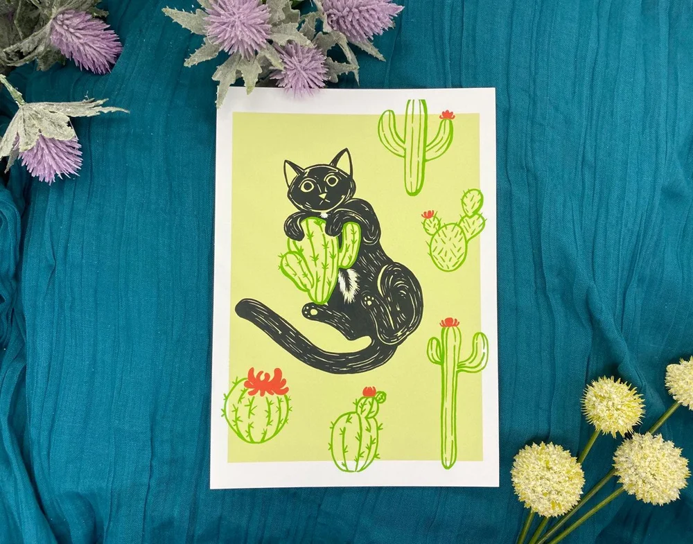 Cactus Cat 8x10 Watercolor Inkjet Print  Alexandra Brodt Illustration