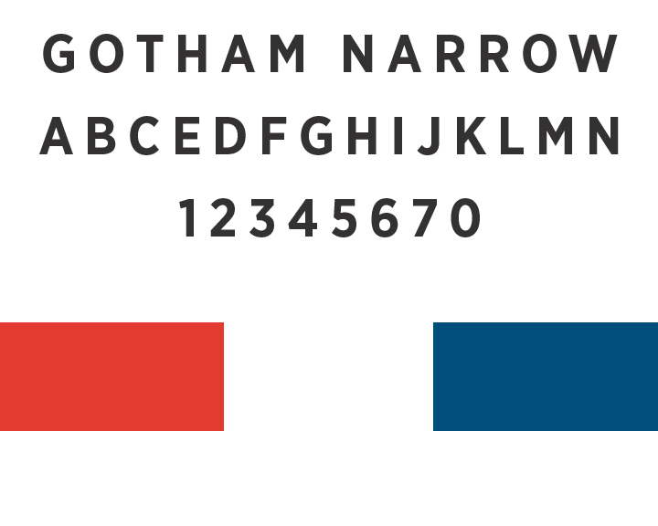  The narrow version of Gotham allows signage to hold a lot of information, while still feeling sleek, modern and bold.  The color palette was brought into a warmer space with a brick red and soft navy. 