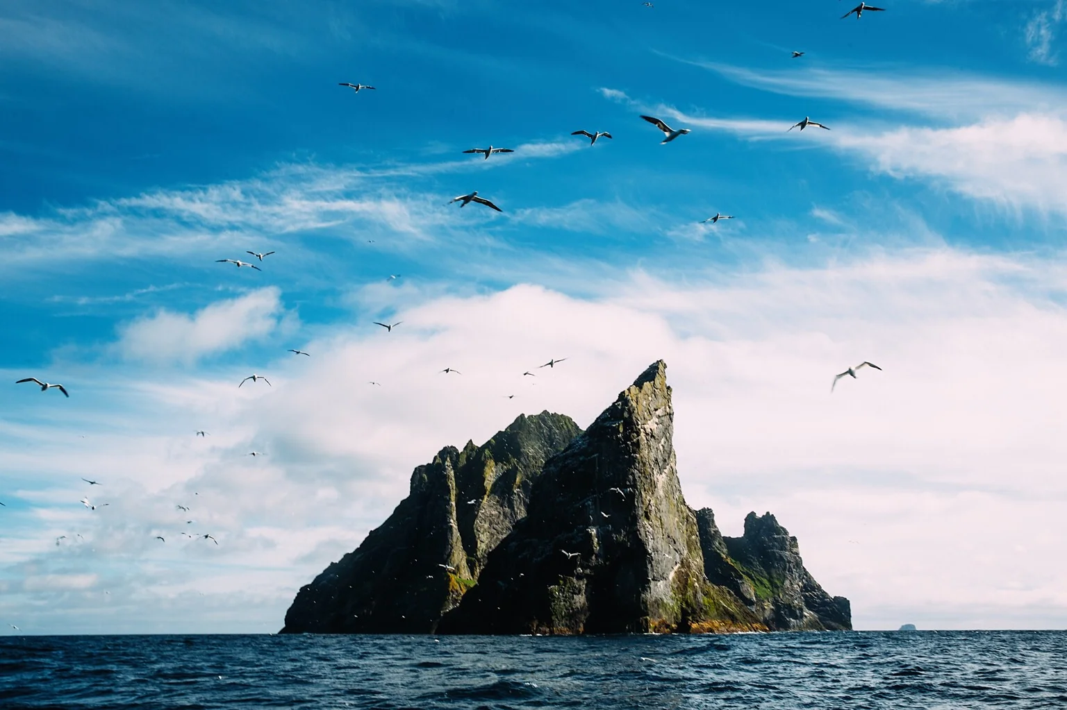 Stac An Armin in the foreground with Boreray behind. This is around 5 miles from Hirta, a distance covered by native St Kildans in rowing boat, across the open Atlantic. I thought our boat was rough! This isn't a spot the tour boat usually visits, but having seen this perspective before, I asked Derek if he could get us there for this shot. This is home to the largest Norther Gannet population in the world (1/7th of the total population, all hanging out hoping that we were a fishing boat)