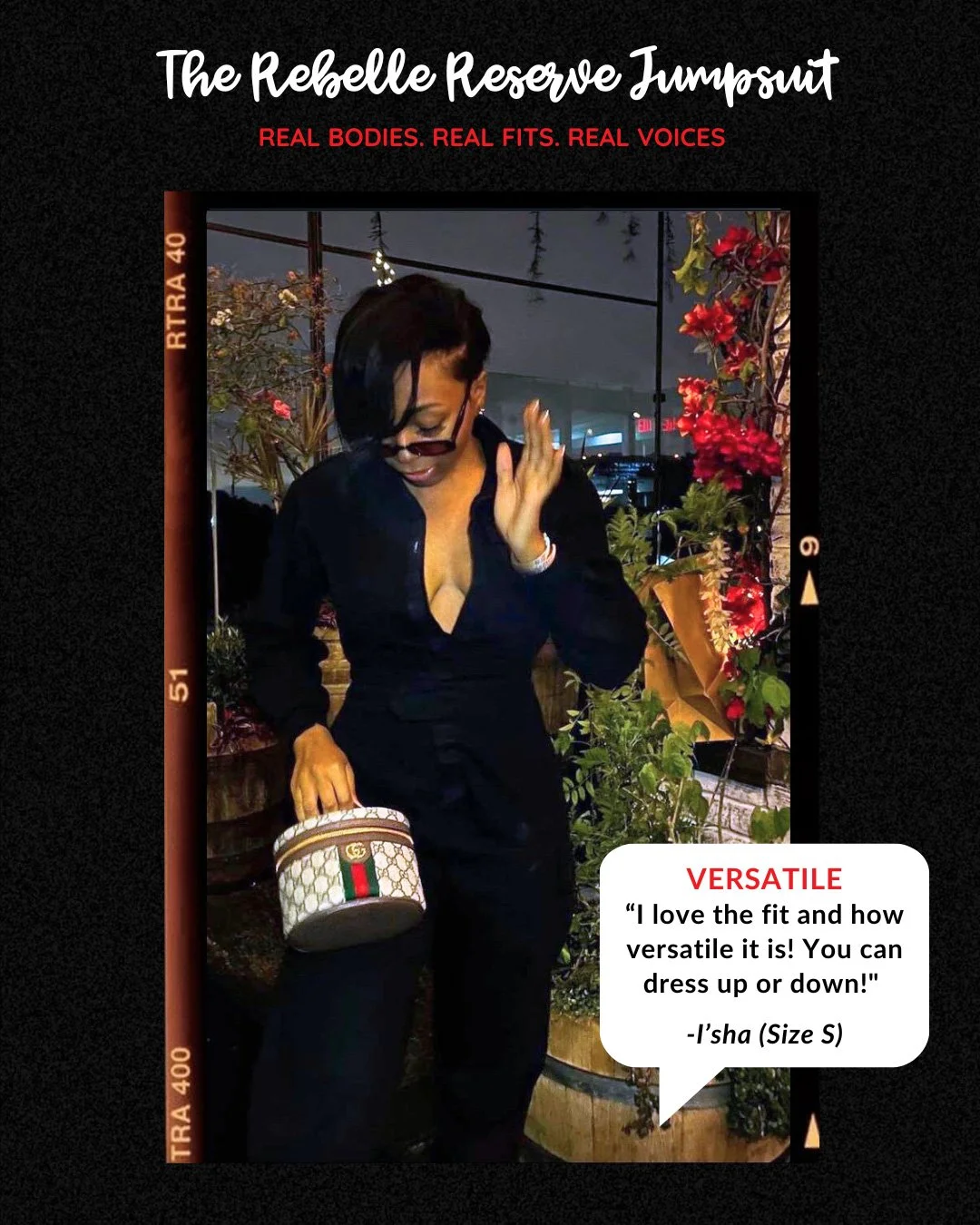 A woman in a black jumpsuit, holding a Gucci purse, standing in front of a floral display, with a quote box praising the versatility of the jumpsuit.
