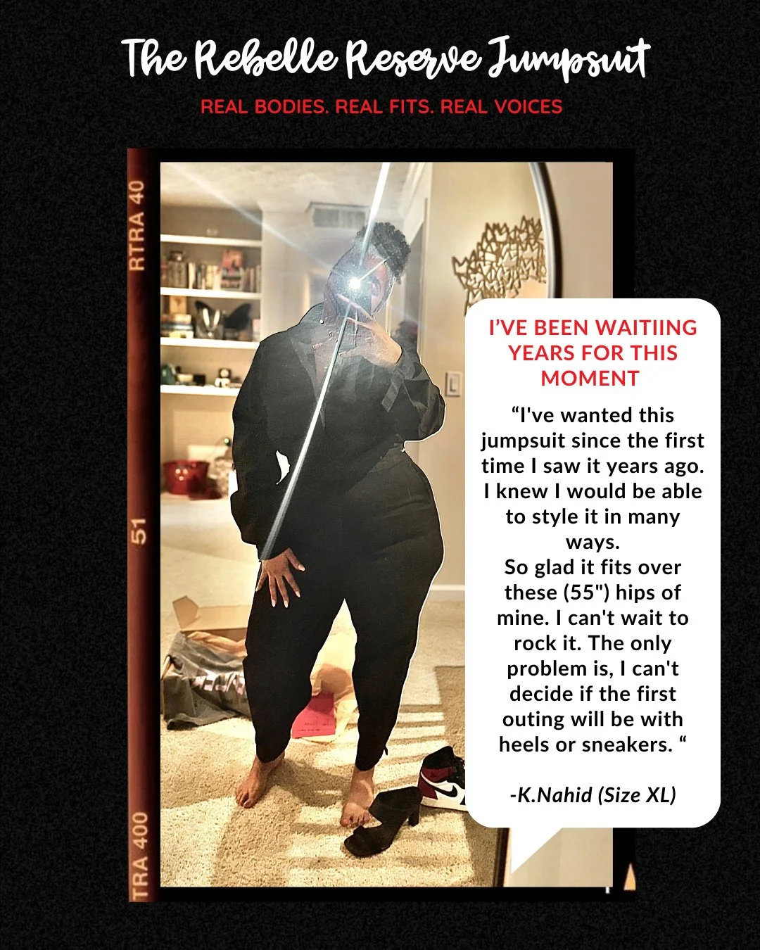 A woman in a black tracksuit taking a mirror selfie in a bedroom, with a quote about waiting to wear a jumpsuit that fits her well, reflecting her confidence and excitement for a future outing.