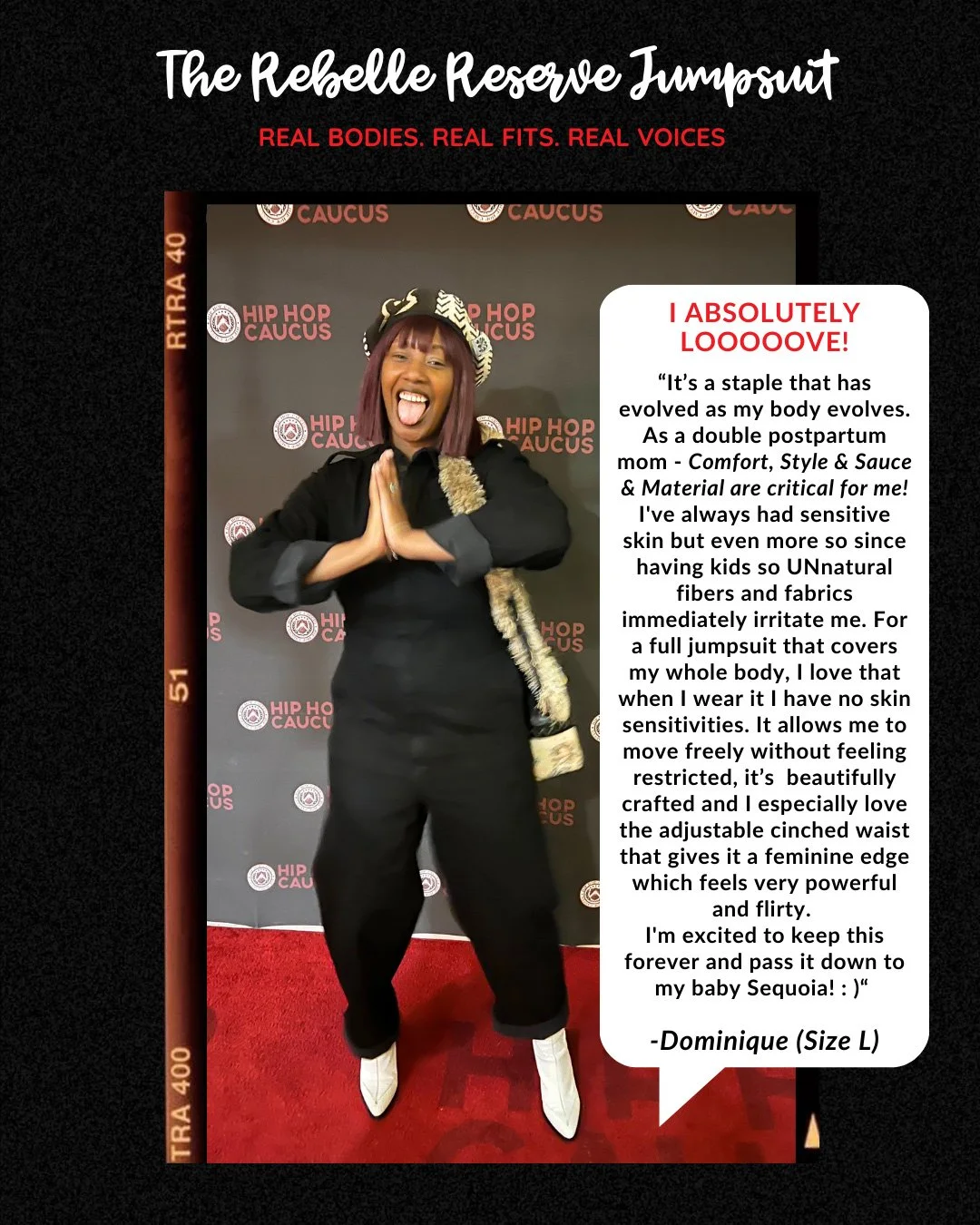 A woman with reddish-brown hair, dressed in a black jumpsuit and white boots, standing in front of a backdrop with 'Hip Hop Caucus' logos. She is smiling, tongue out, with hands pressed together in front of her chest. To the right of her, there is a speech bubble with a quote about her love for a specific type of jumpsuit.