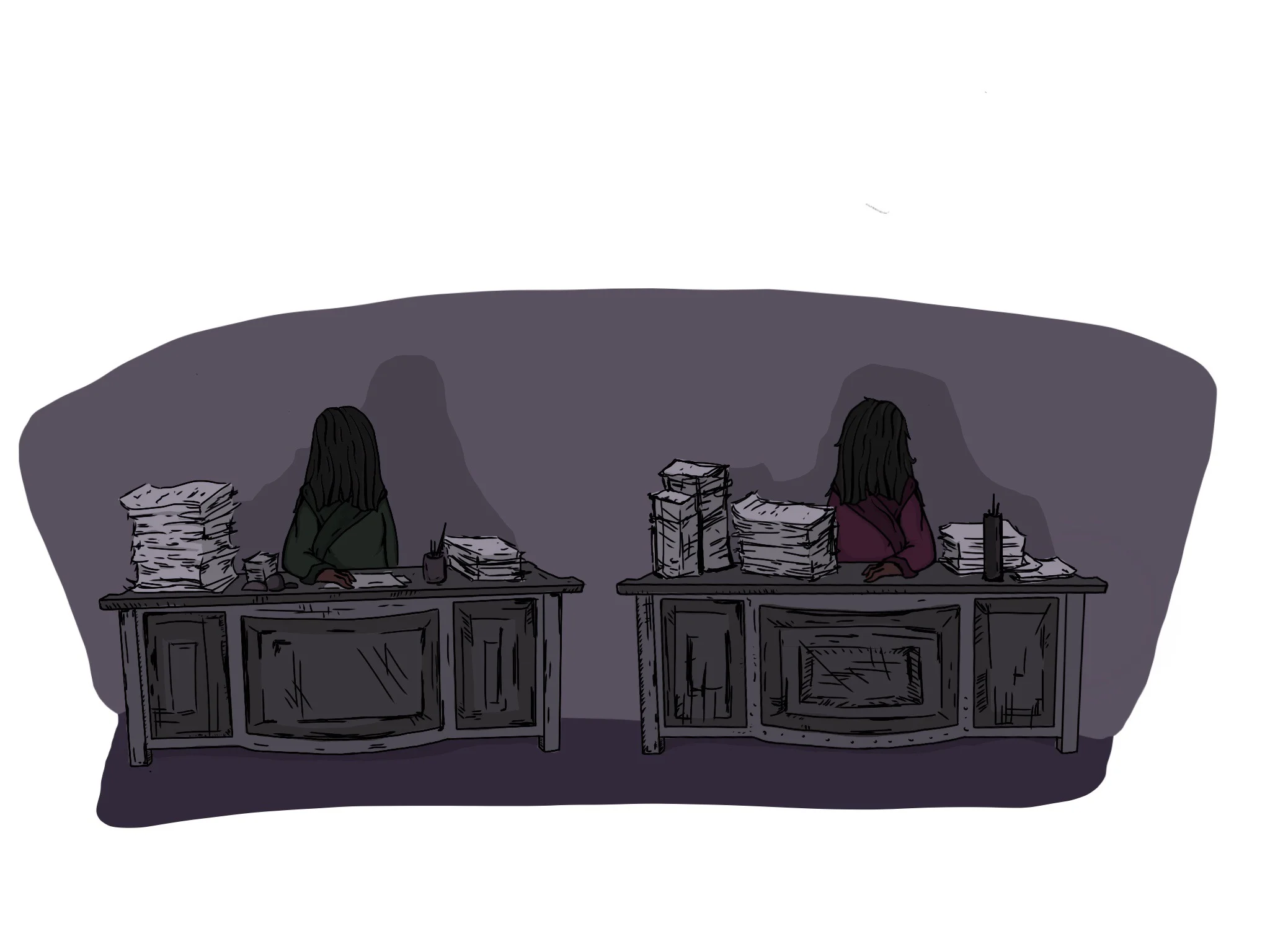Ima ge: The twin desks in the room faded into view, each one with a child-sized figure behind. Illustrations by Chloe Rubenstein