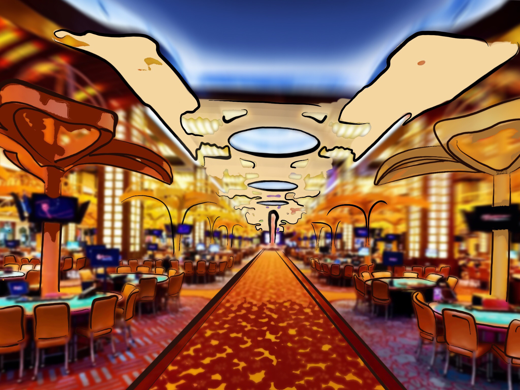 Image: A vast casino filled with cigar smoke and the sounds of playing cards hitting fabric.