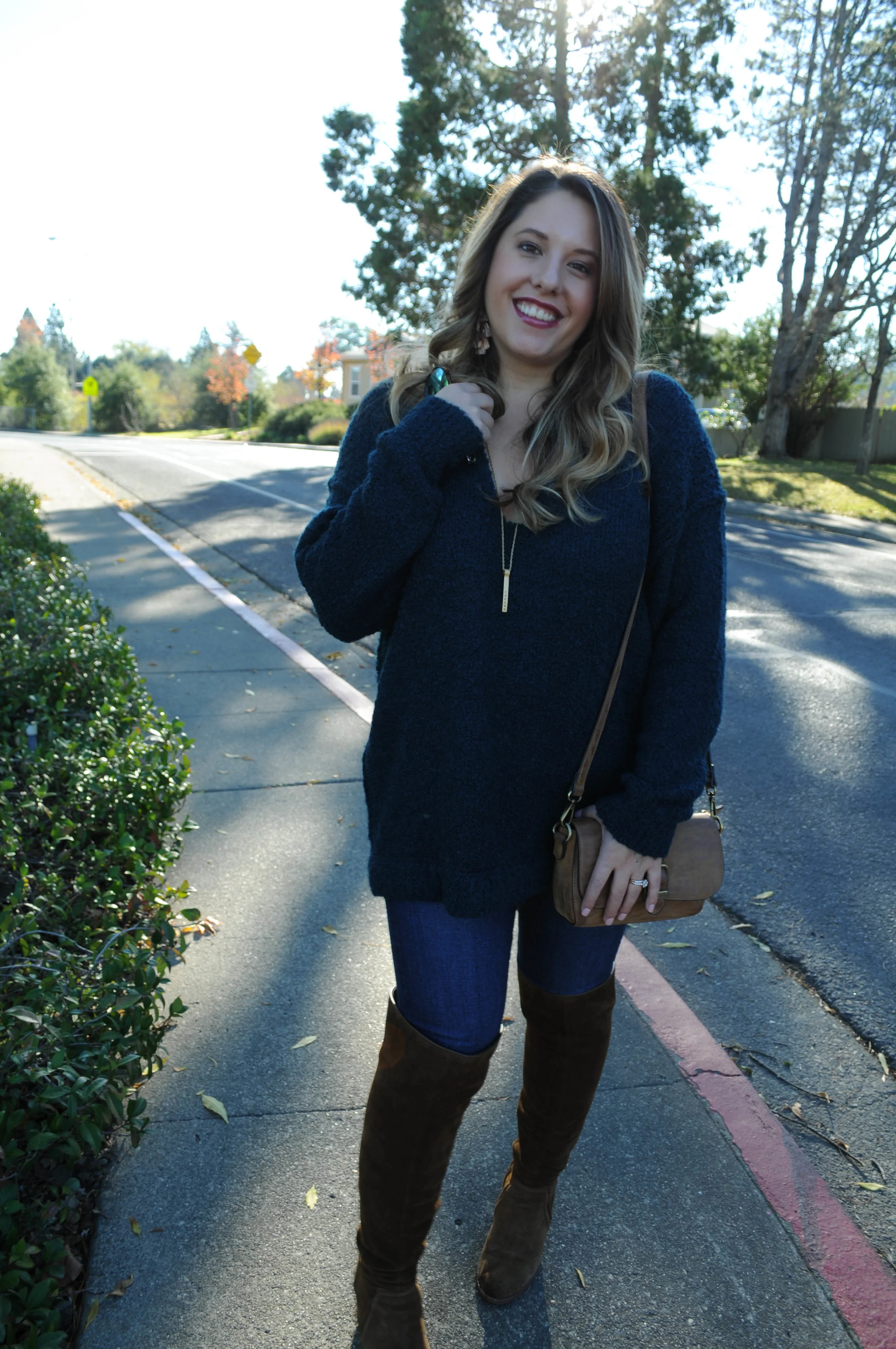 Details // Free People Boucle Oversized Sweater, Joes Jeans, Vince Camuto OTK Boots, Wilde earrings.