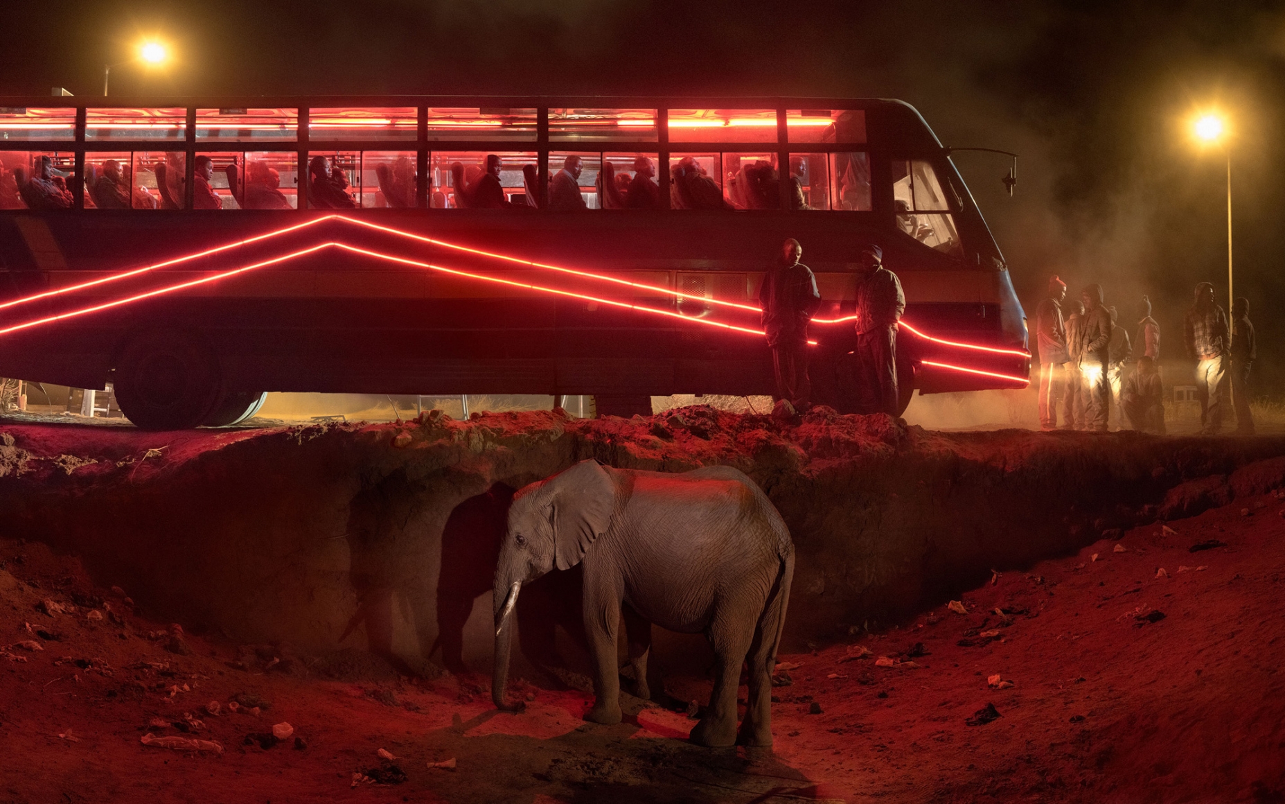 BUS STATION WITH ELEPHANT & RED BUS, 2018