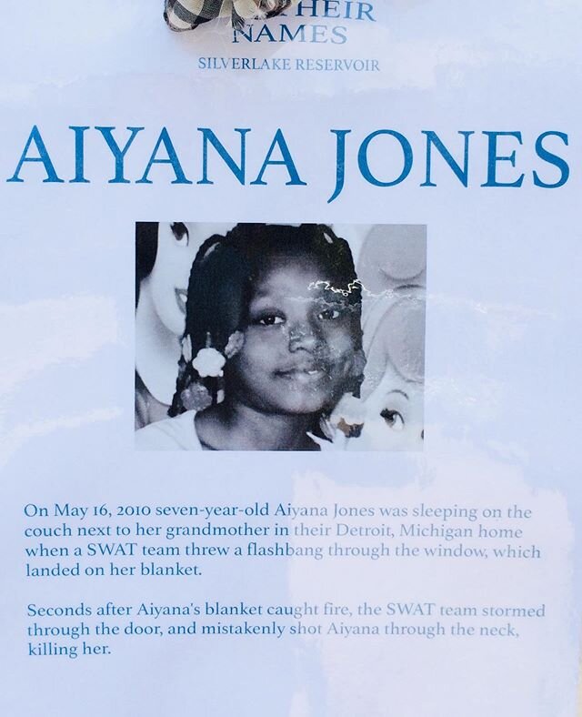 Aiyana Jones, killed by police in 2010 at age 7. She&rsquo;s the youngest name memorialized in the #Silverlake reservoir #saytheirnames community art project #blacklivesmatter