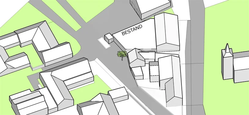  mehrzweckhalle neu _ dorfplatz _ waaghaus _ baum _ brunnen  im zuge der analyse und neuinterpretation der bestandsgebäude wird klar, dass die bestehende halle, mit der situierung ihrer front nicht geeignet ist einen funktionierenden und wohlproporti