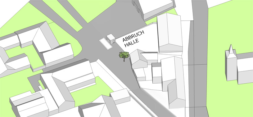 durch das verändern bzw. zurücksetzen der frontseite der halle gelingt das ausformulieren einer kleinen piazza mit baum mit gebäudefronten an 3 seiten. eine verglaste, großflächig öffenbare vorderfront der neuen halle verbindet innen- und außenraum. sitzgelegenheiten aus einfachen kubischen körpern erhöhen die aufenthaltsqualität auf dem neuen dorfplatz.