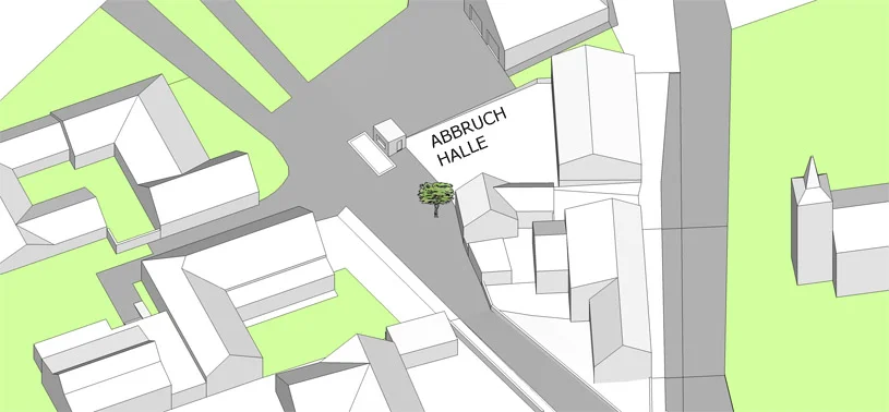  durch das verändern bzw. zurücksetzen der frontseite der halle gelingt das ausformulieren einer kleinen piazza mit baum mit gebäudefronten an 3 seiten. eine verglaste, großflächig öffenbare vorderfront der neuen halle verbindet innen- und außenraum.