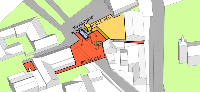  zusätzlich zu diesen maßnahmen wird eine aufstockung des waaghauses, als platz begrenzendes element an der nordseite, vorgeschlagen. unter dem motto: „jeder piazza ihren campanile“ – bekommt rohrbrunn mit dem „waagturm“ ein wahrzeichen und einen ori