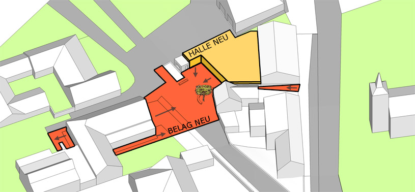  die verbindung mit dem, an der gegenüberliegenden straßenseite gelegenen, vereins- und wirtshaus gelingt durch den kunstgriff den bodenbelag von dort bis zur hallenfront einheitlich zu gestalten. angedacht ist ein überziehen des bodens und der sitzk