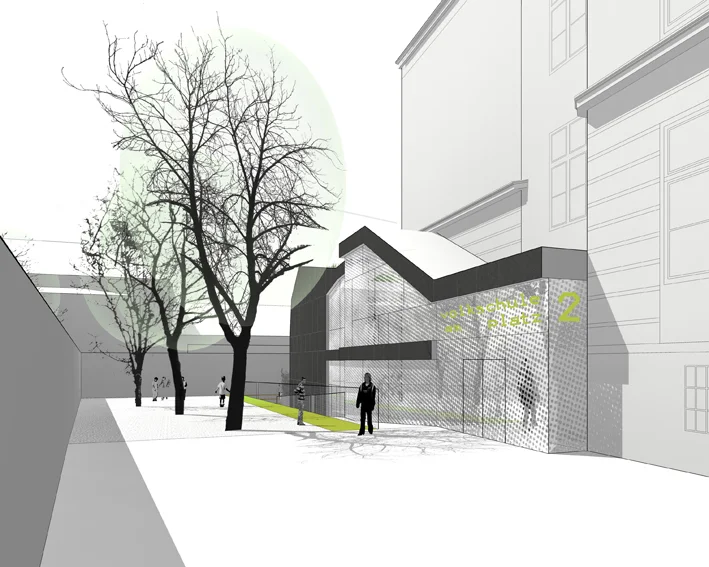  der haupteingangsbereich bleibt an der selben stelle, wird jedoch neu definiert und ist, in verbindung mit einem neuen stiegenhaus, das nach außen sichtbare verbindungselement zwischen alt und neu.&nbsp; über dieses neue stiegenhaus erfolgt auch die